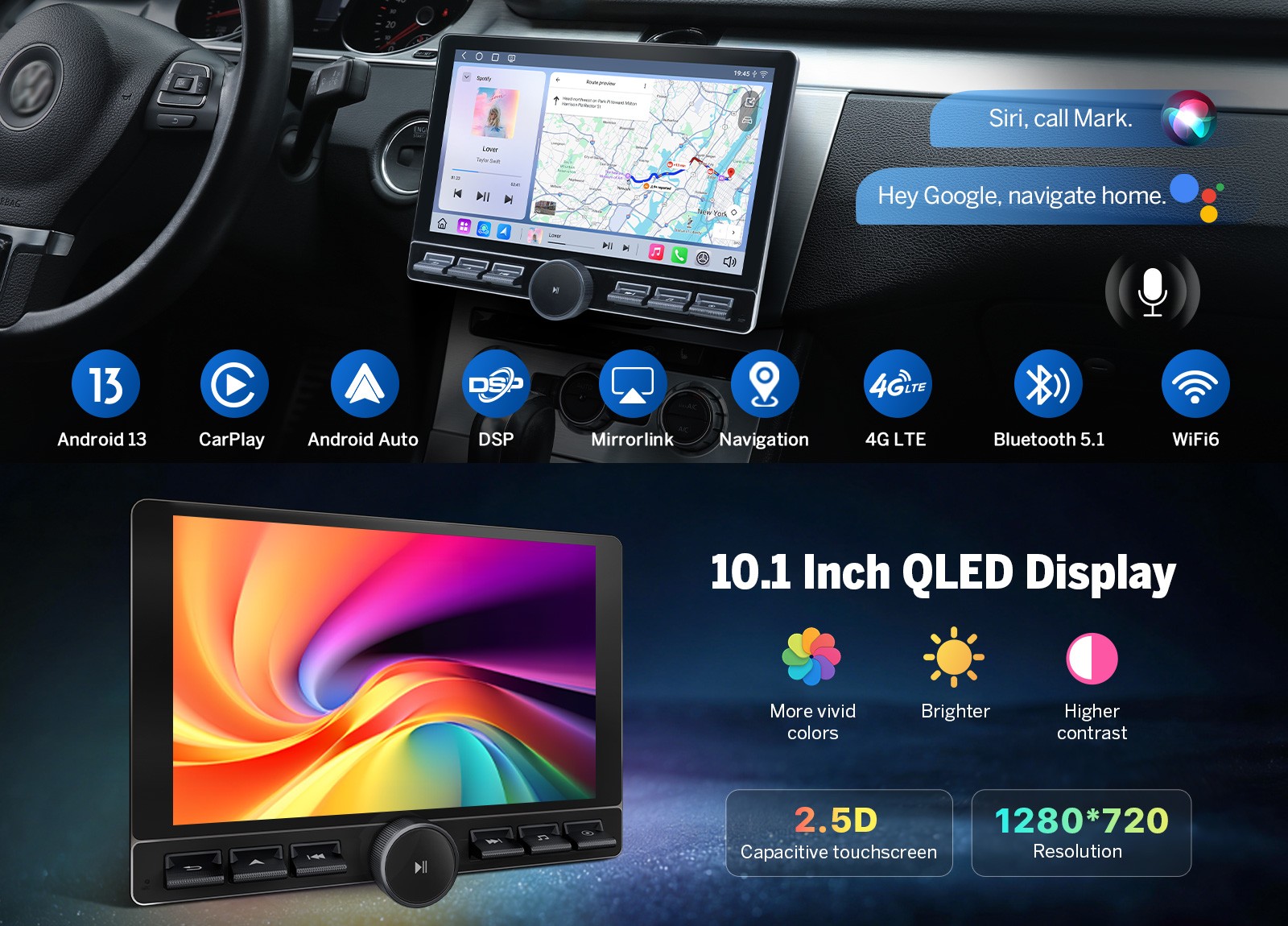 CAM+DVR+Android 10.1″ QLED 8+128GB Double DIN Car Stereo Radio Apple CarPlay GPS
