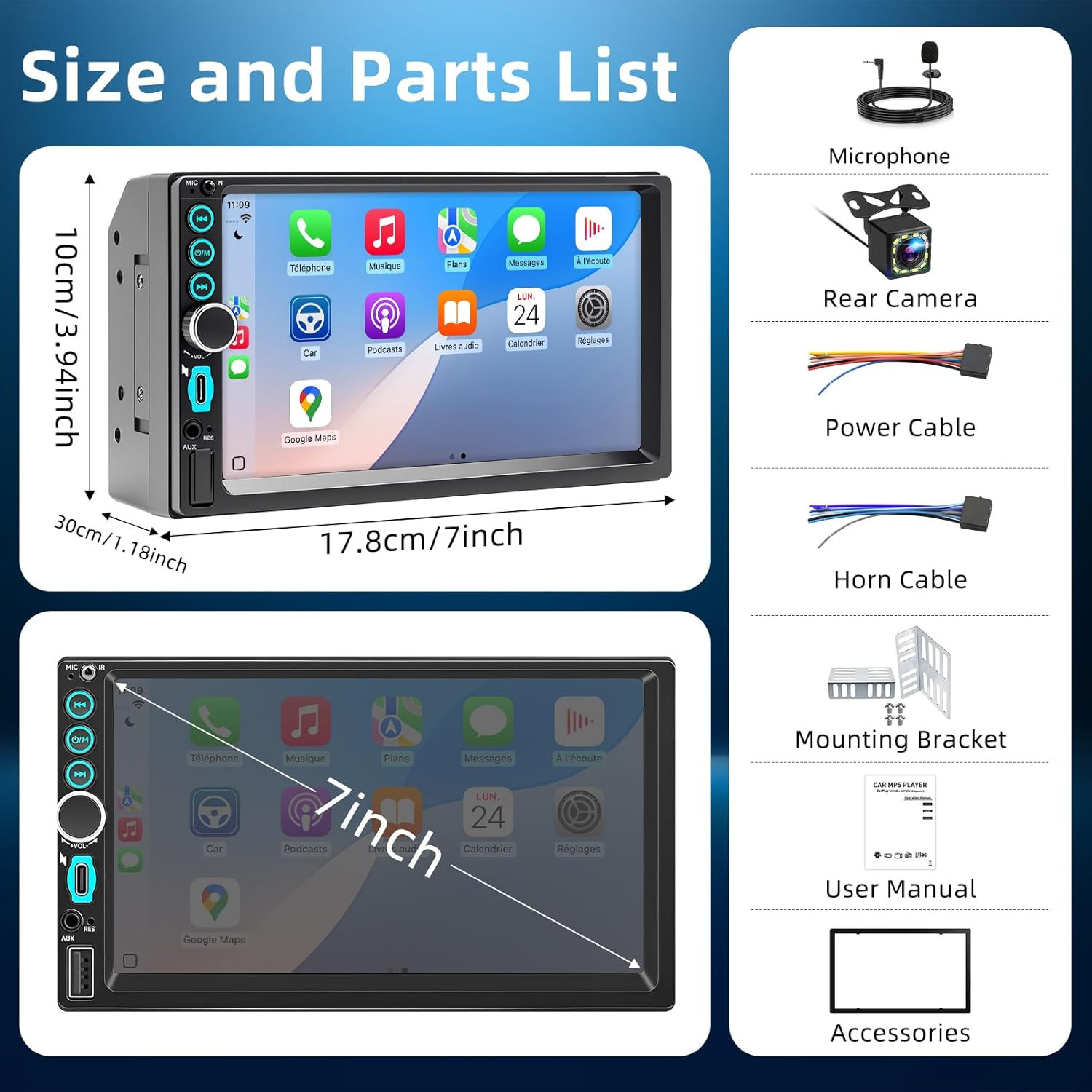 7” Wireless Double Din Car Stereo Carplay Radio Screen for Car Audio Receivers,