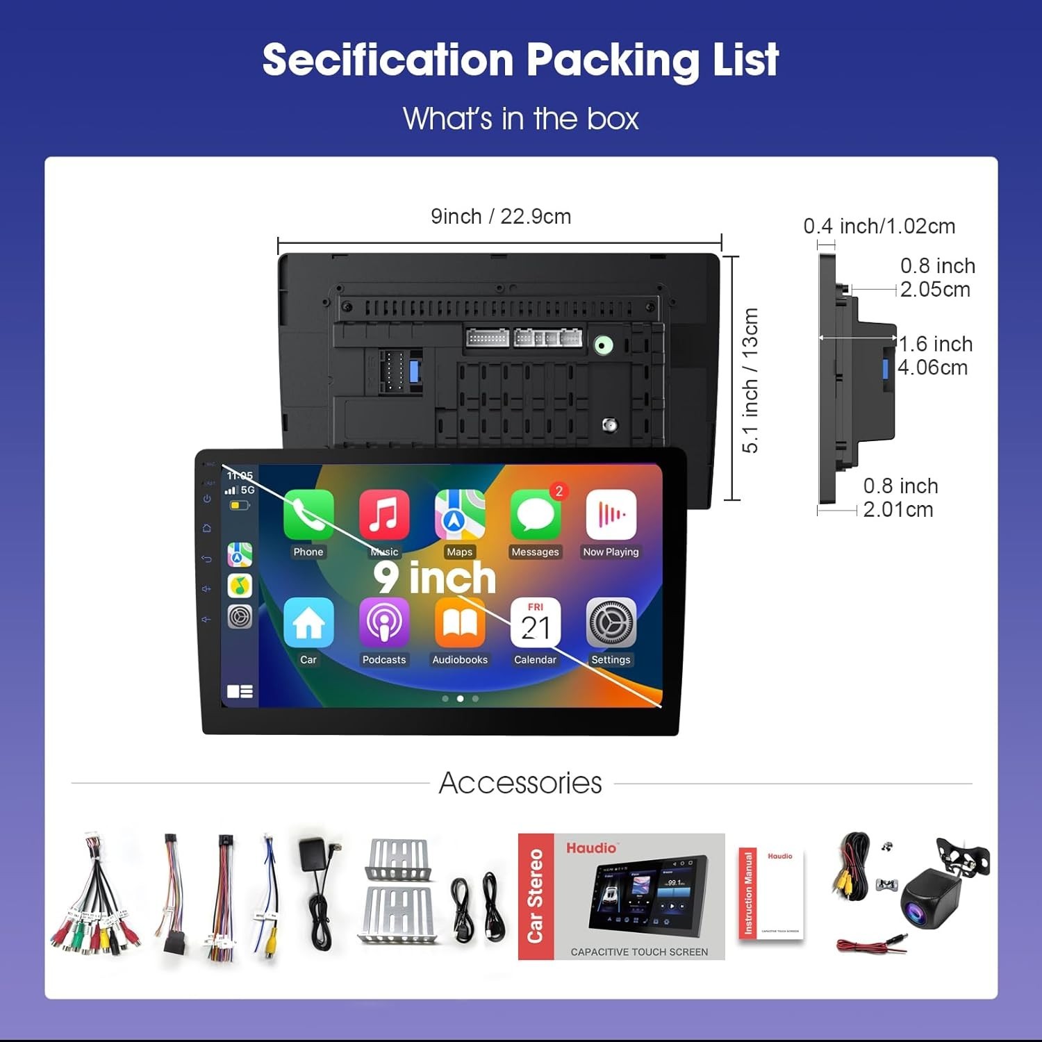 All-in-One 9” Carplay Screen with Wireless Android Auto & Backup Safety Camera