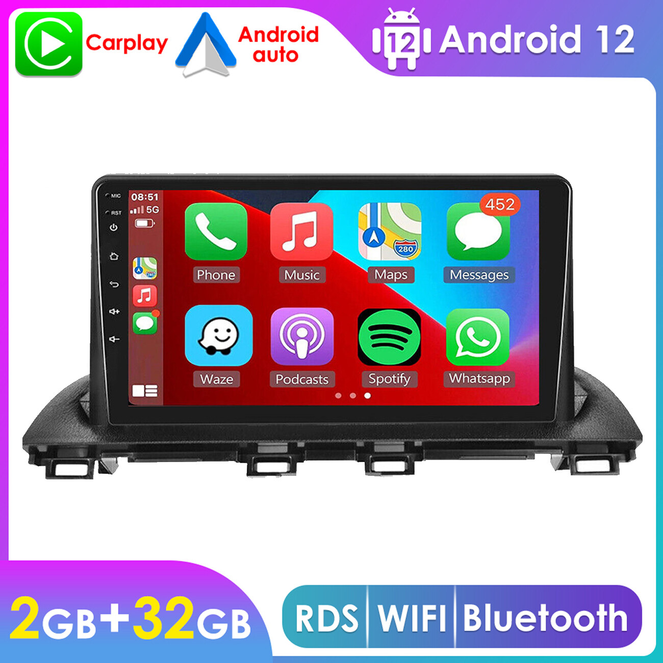 Apple Carplay For 2014-2018 Mazda 3 GPS Navigation Android 12.0 Car Stereo Radio
