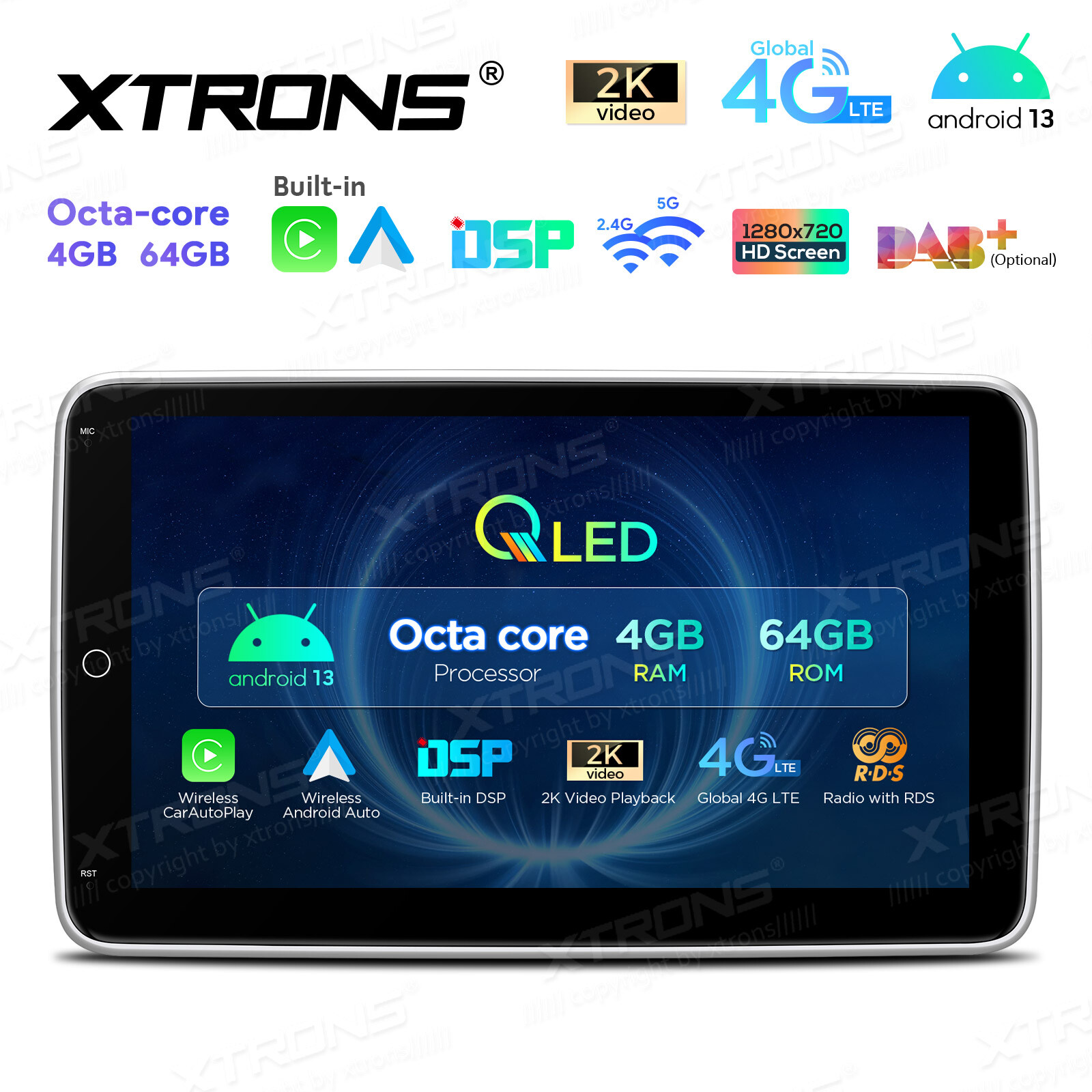 10.1″ Rotatable Screen 1-DIN 8Core Android 13 64GB Car Play Stereo GPS Radio DSP