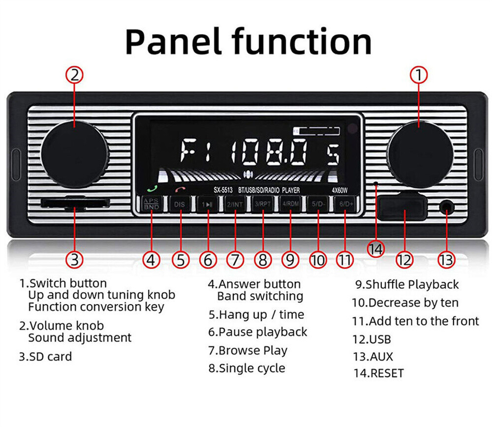 Vintage Car FM Radio MP3 Player Bluetooth USB Classic Stereo Audio Receiver AUX