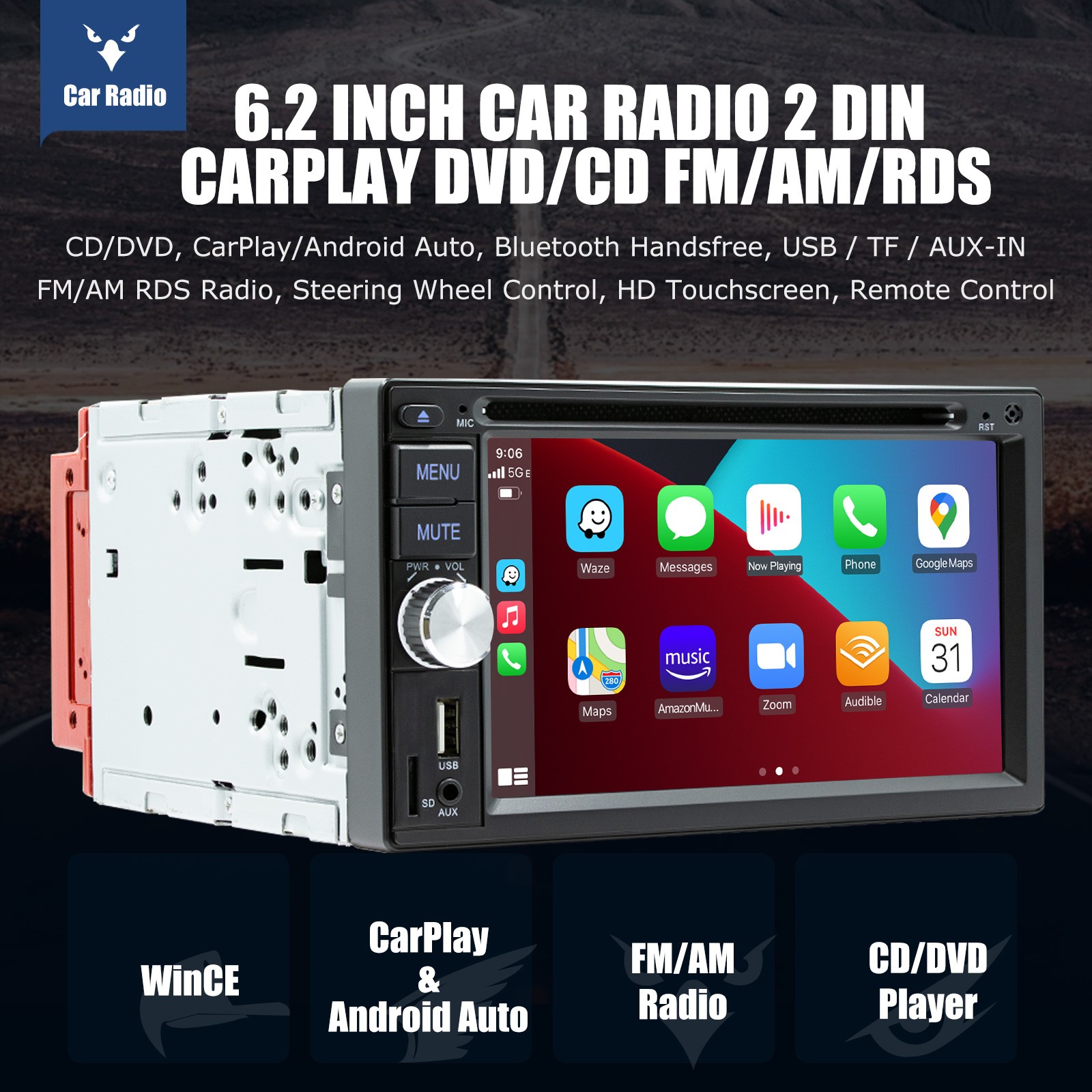6.2inch DVD CD Player TouchScreen Car Radio Stereo Double DIN with Backup Camera