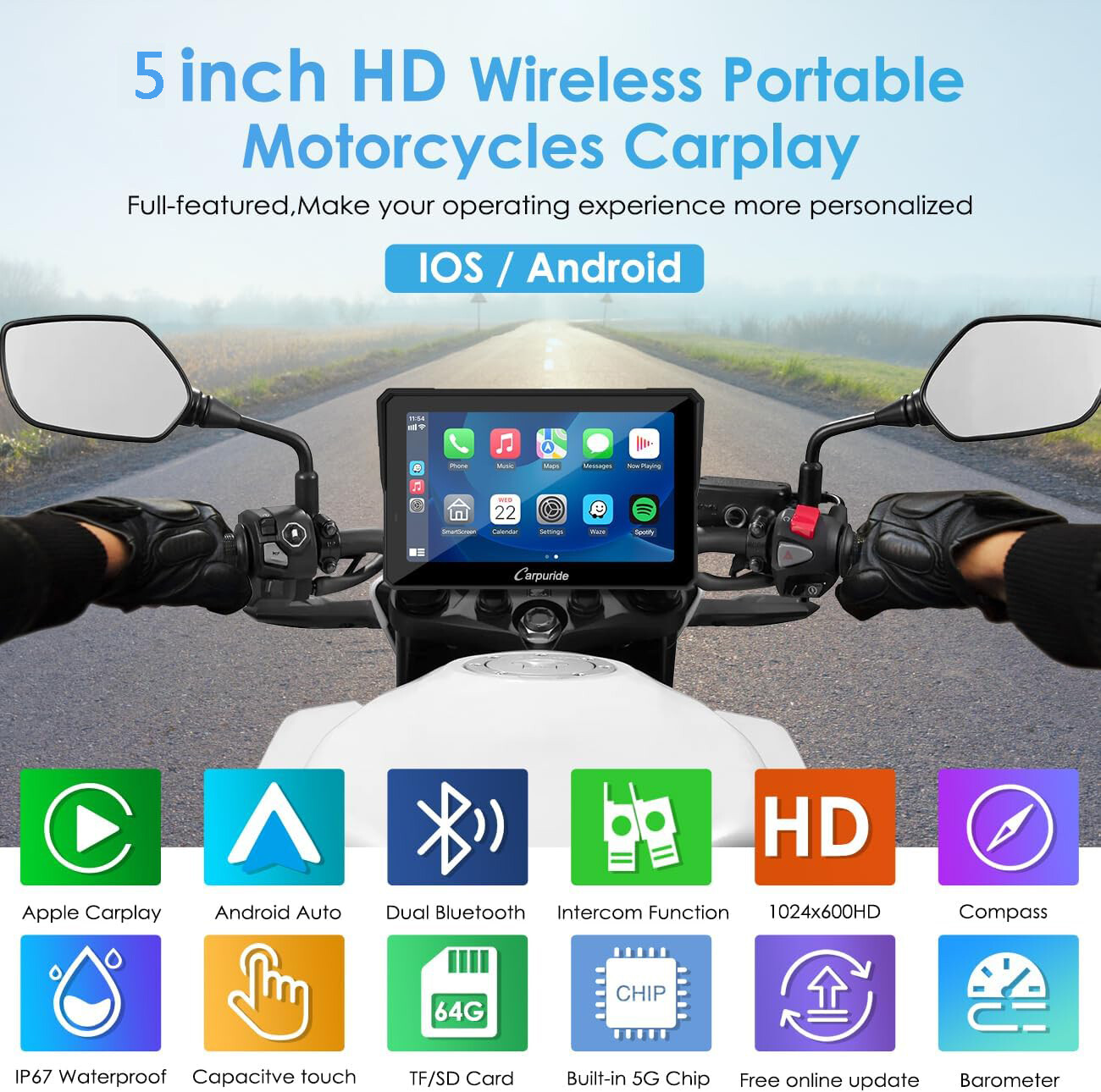 Carpuride W502Pro Intercom Compass Dual Bluetooth Motor Carplay Android Auto