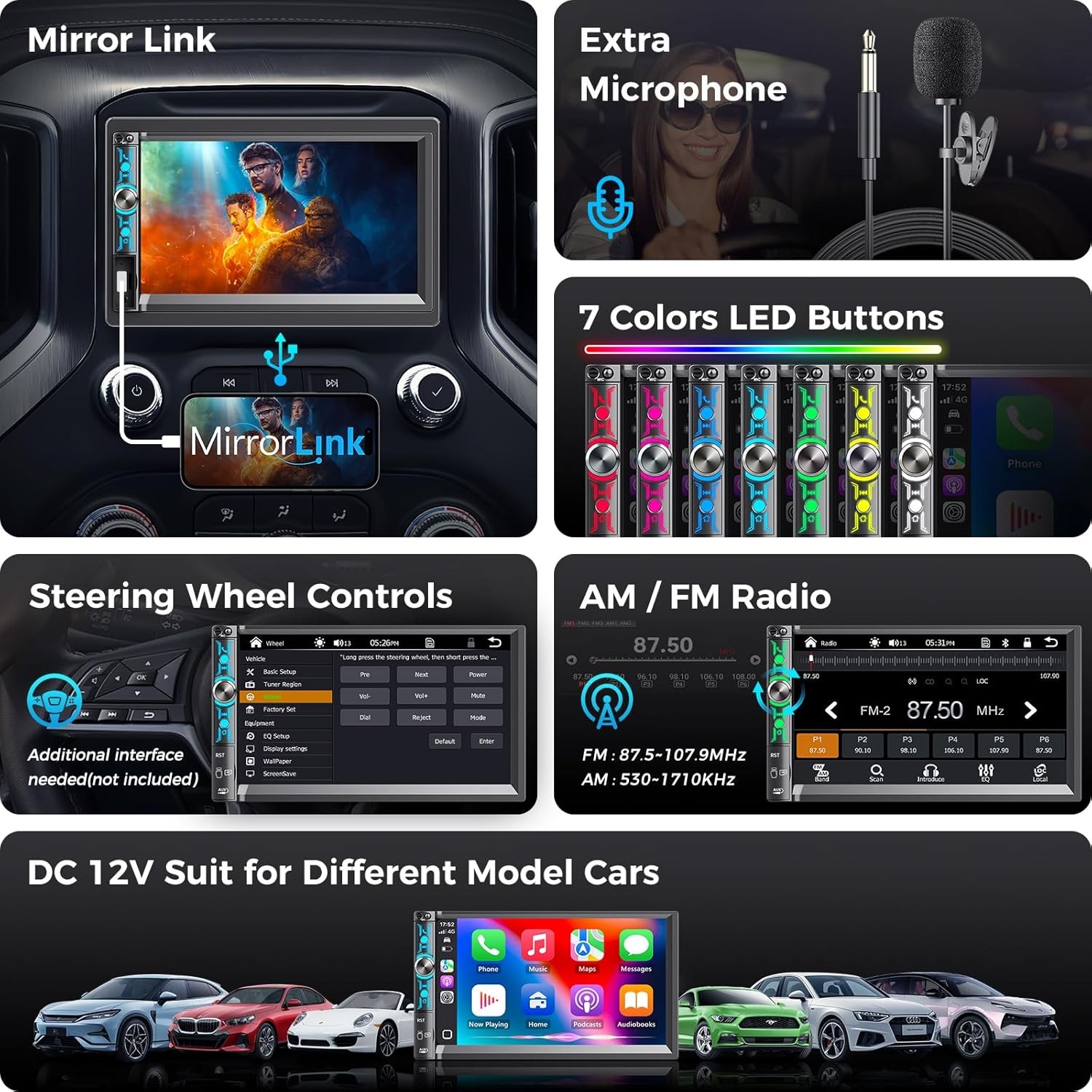 Double Din 7 Inch Car Radio Wireless Carplay Backup Cam