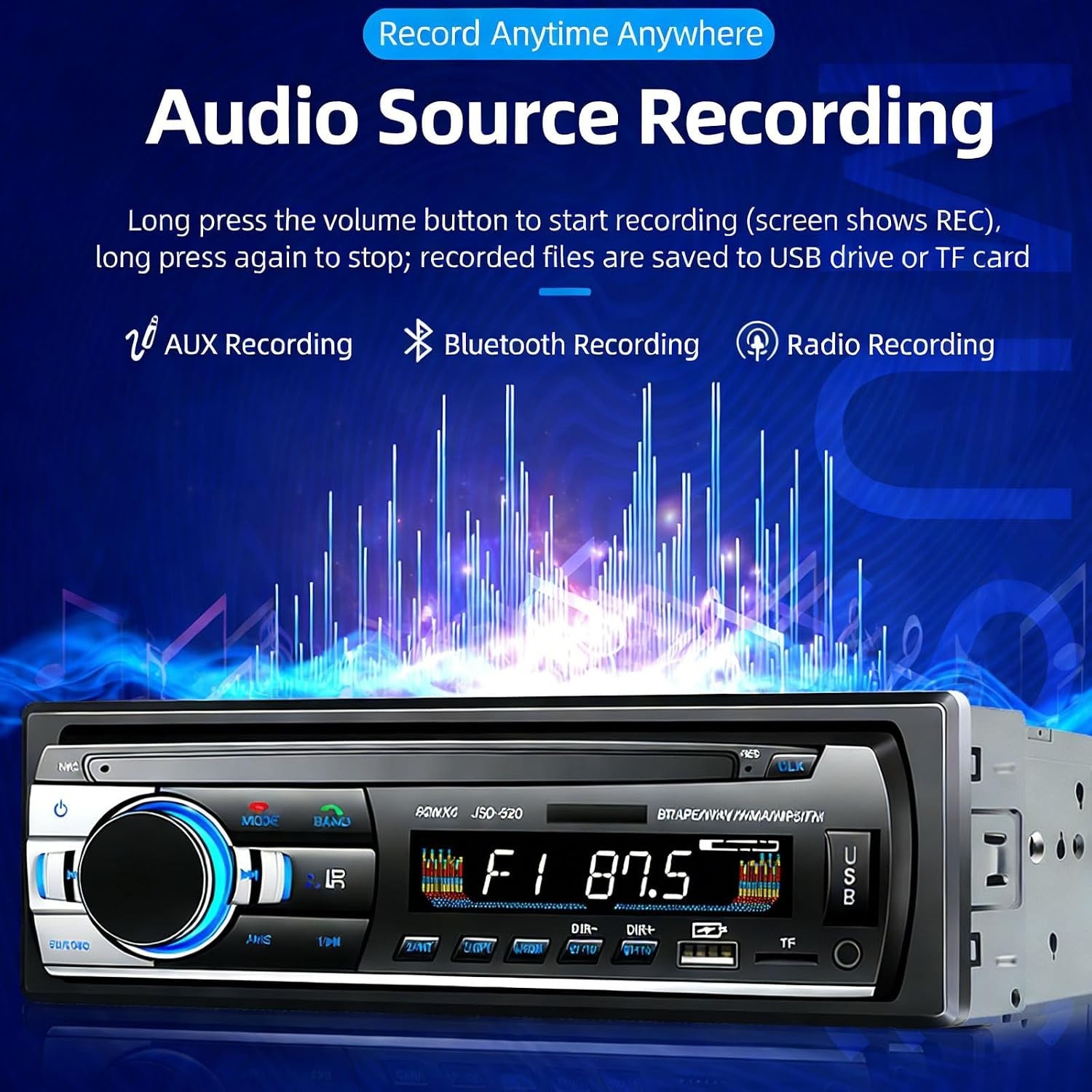 Hands-Free Bluetooth Car Stereo with Quick Charge USB and Dynamic Sound Effects