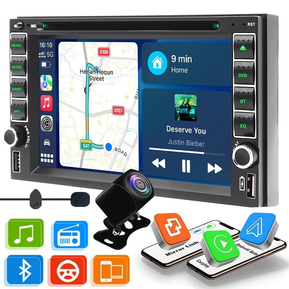 Double 2 Din Car Stereo Radio CD DVD Player In Dash Bluetooth CarPlay Auto Link
