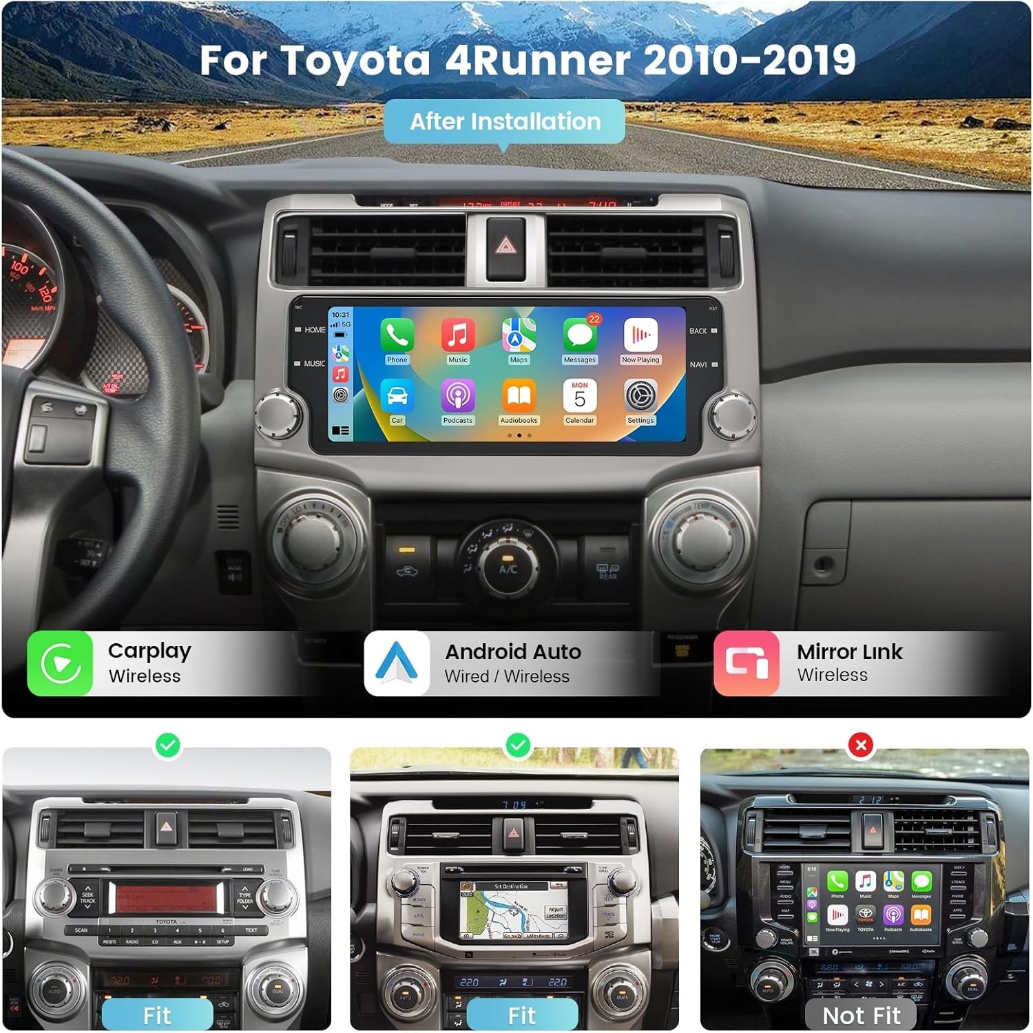 Roadanvi 2K 10.25″ Car Stereo for Toyota 4Runner 2010-2019 Apple Carplay Radio