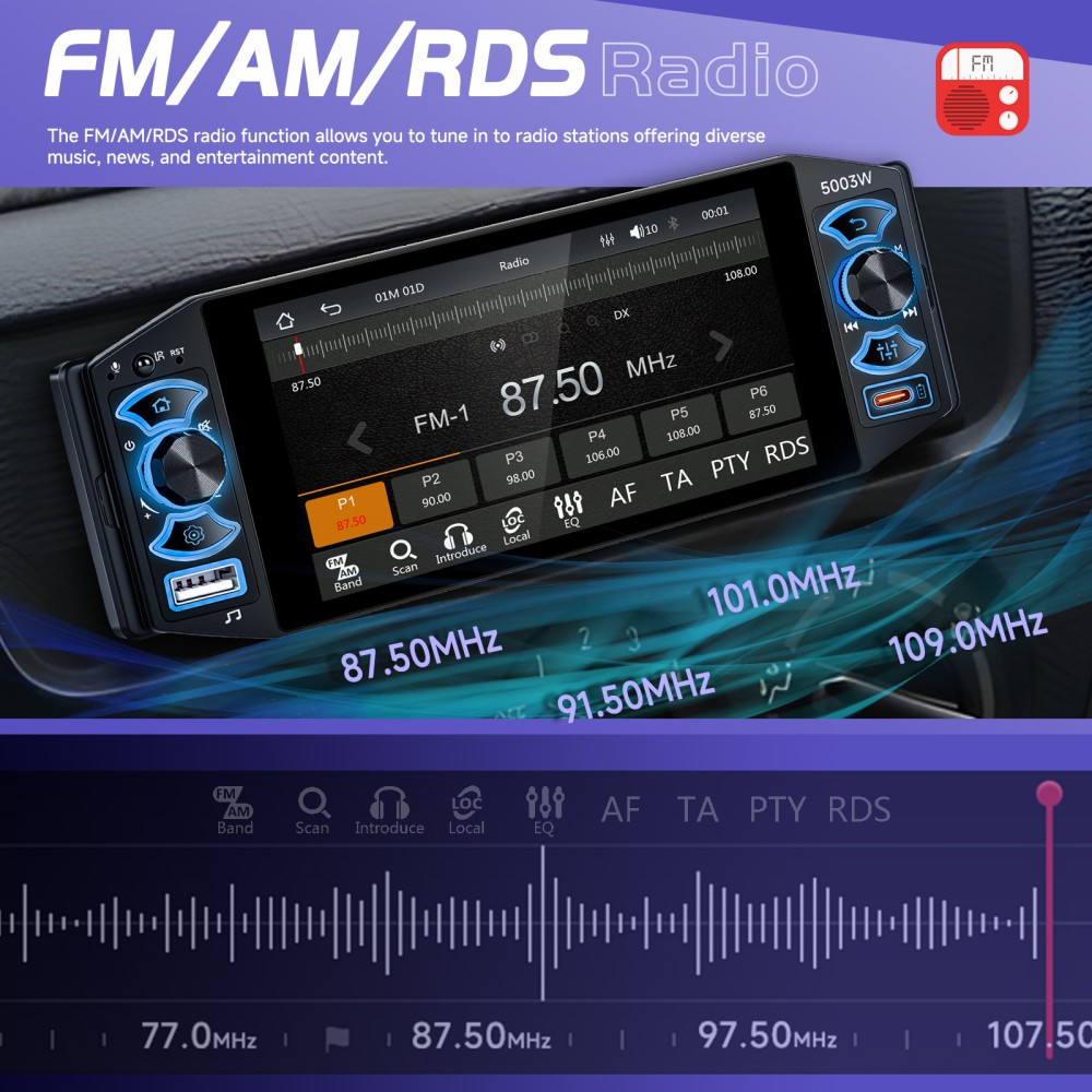 5″ Single 1Din Car Stereo Radio USB BT Wireless Android auto Carplay BT + Camera