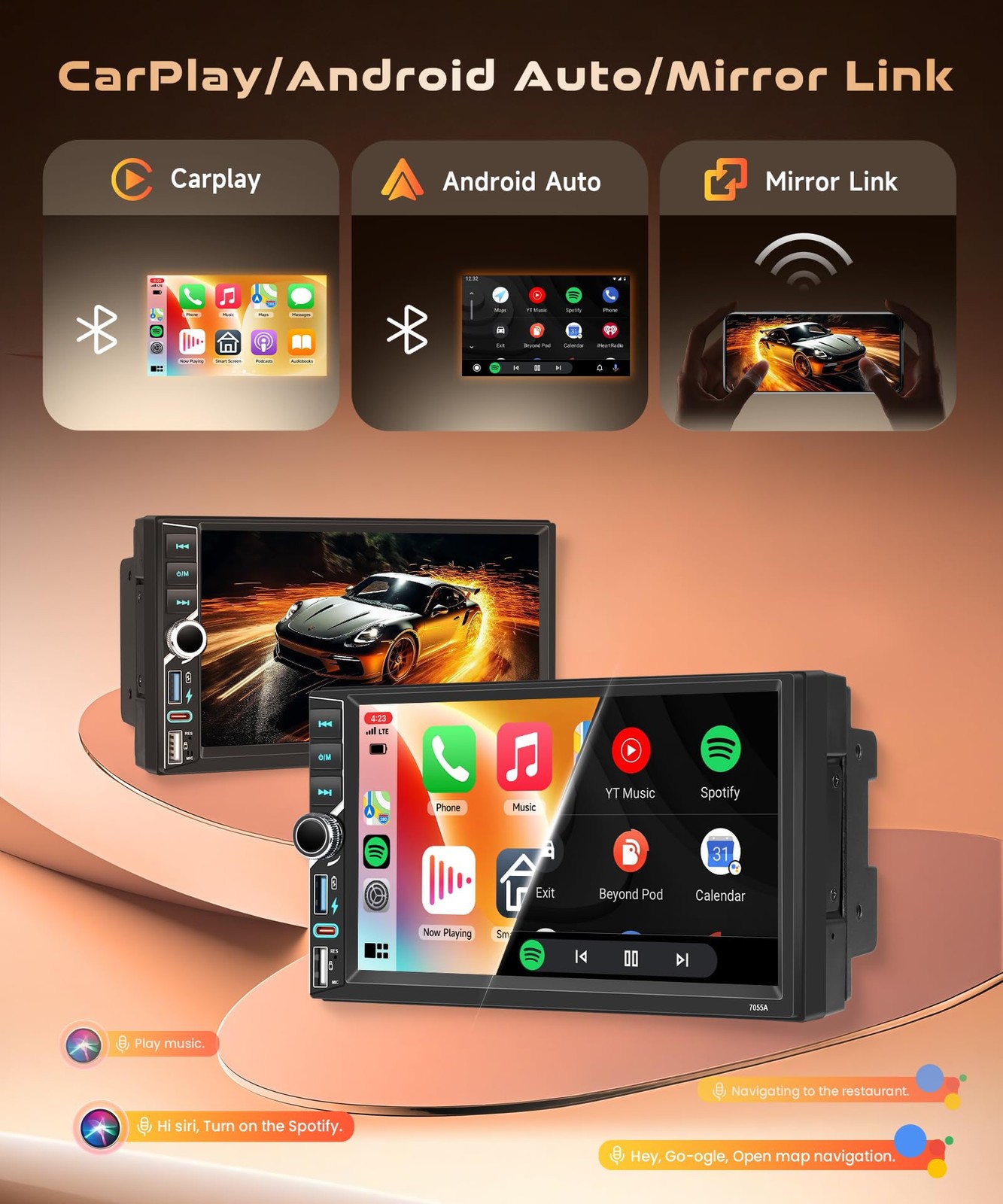 Android 4G+64G Double Din Car Stereo with Wireless Carplay Android Auto, 7 in…