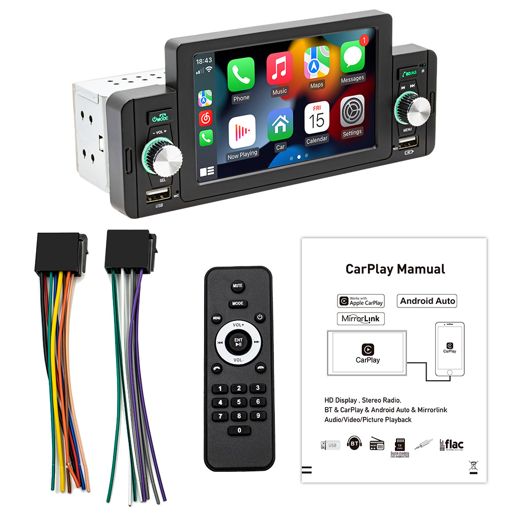Bluetooth 1DIN Stereo Car Radio MP5 Player USB For Apple Carplay Android Auto