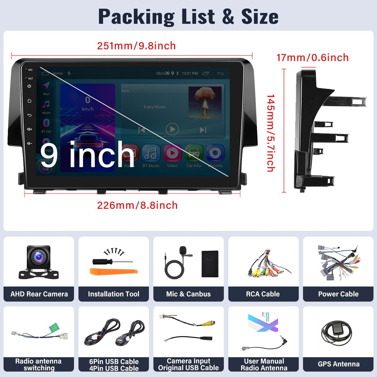 For Honda Civic 2016-2020 Car Stereo Radio Navi Android 13.0 Carplay Screen 64G