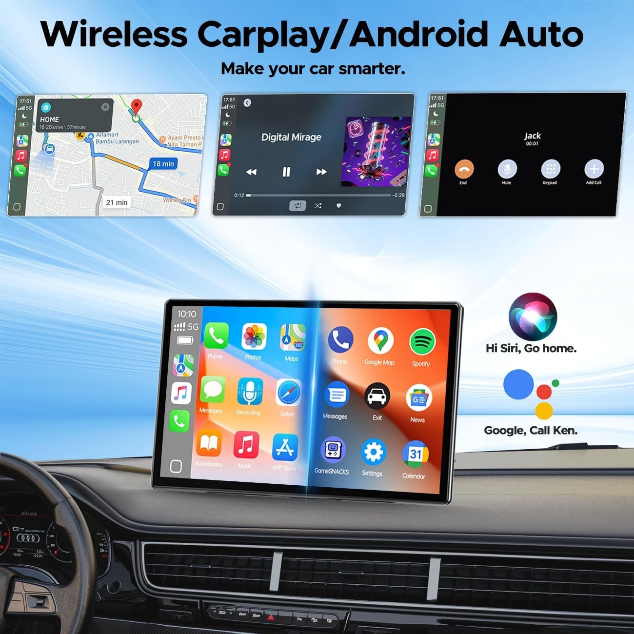 9″ Wireless CarPlay Screen with Net-Flix YouTube for Apple Carplay &Android Auto