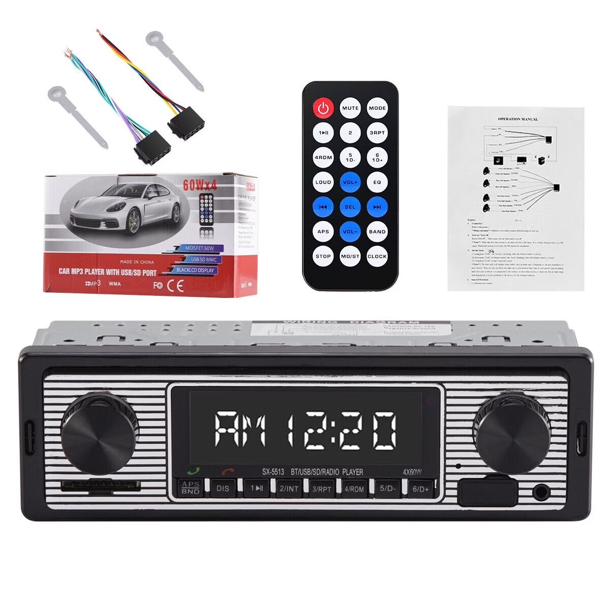 Retro Vintage Classic Single DIN Bluetooth FM Stereo Radio with USB, SD, AUX