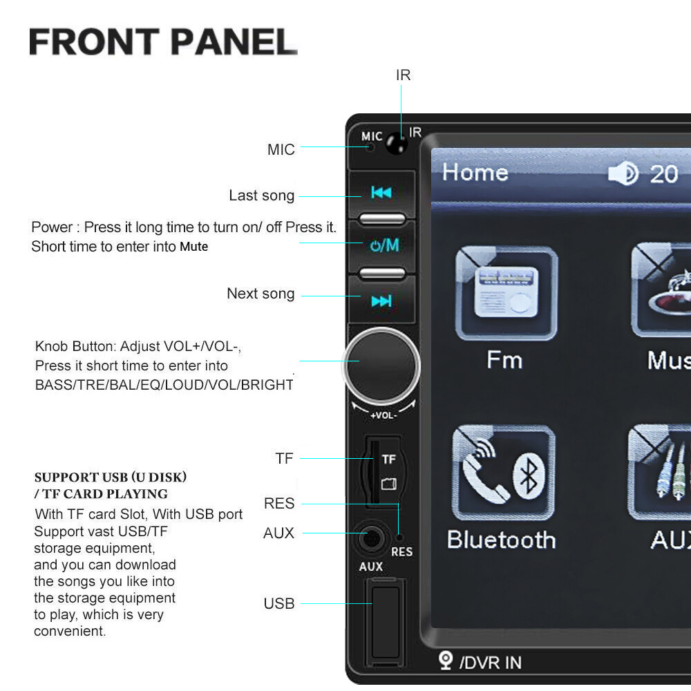 7″ Double Din Touch Screen Apple Android Auto Car Stereo Radio Bluetooth