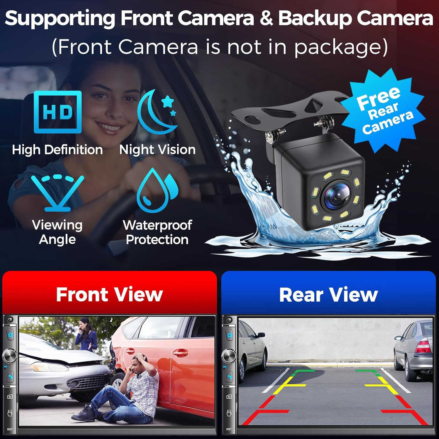 7″ HD Double Din Car Stereo, Wireless CarPlay/Android Auto, Bluetooth, Backup Ca