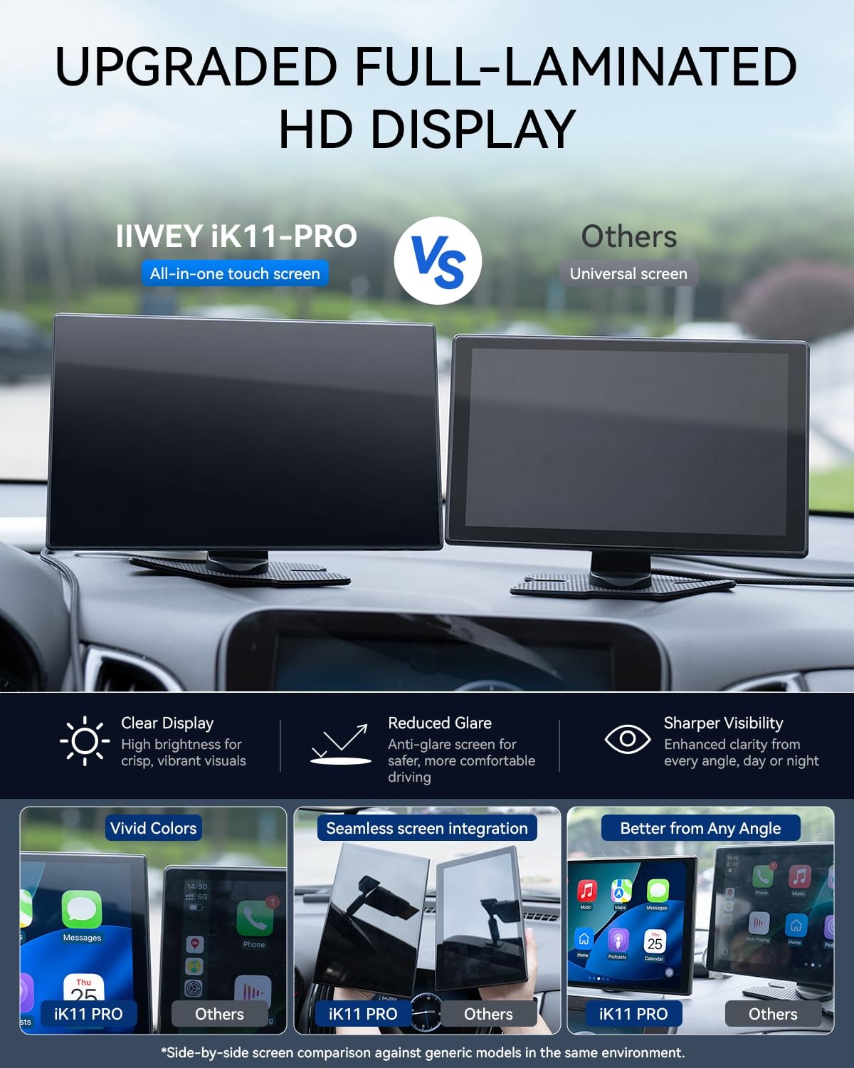 11” Wireless CarPlay & Android Auto Screen for Car, Full Laminated HD