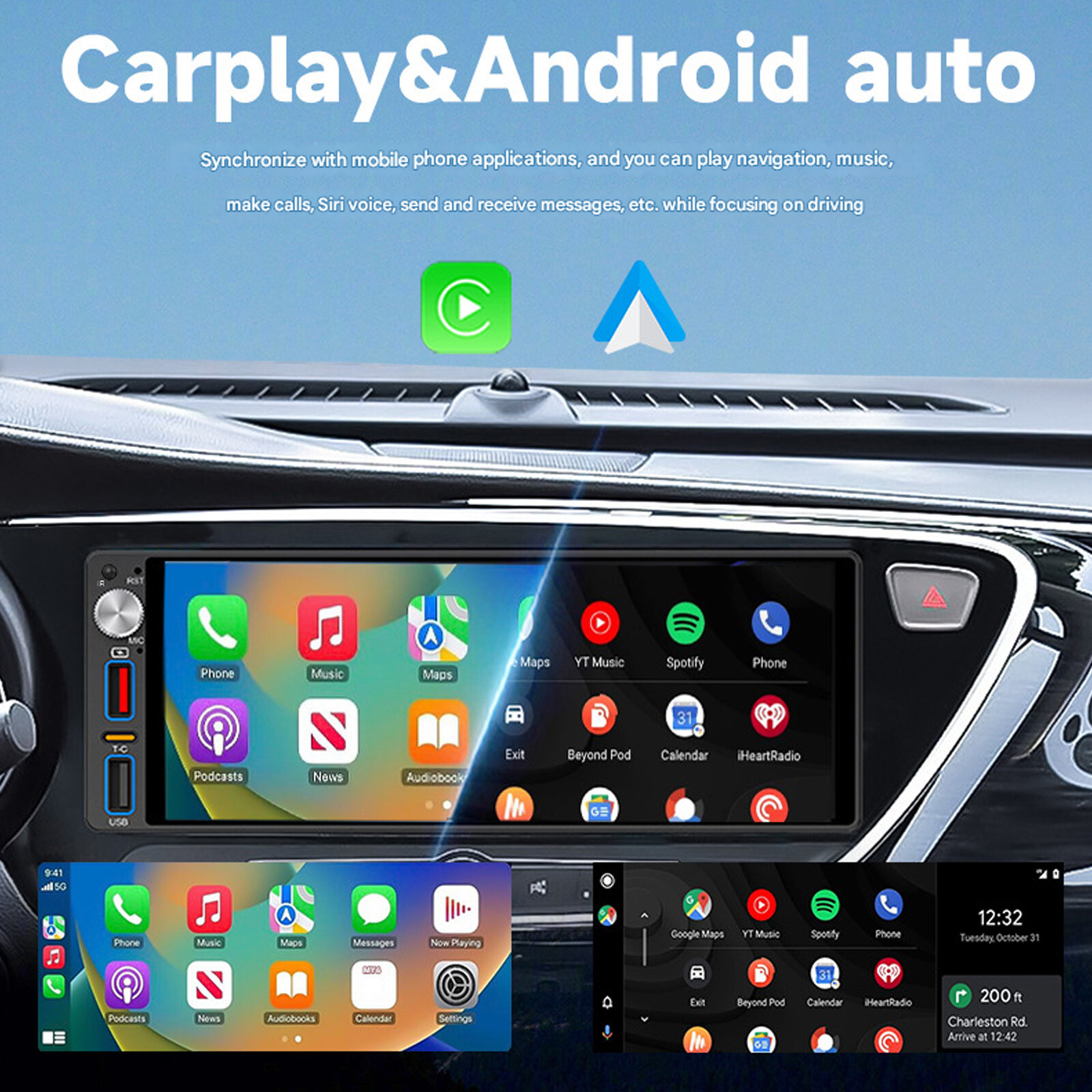 Single Din Car Stereo Wireless Apple CarPlay 6.9″touchscreen Radio Bluetooth USB
