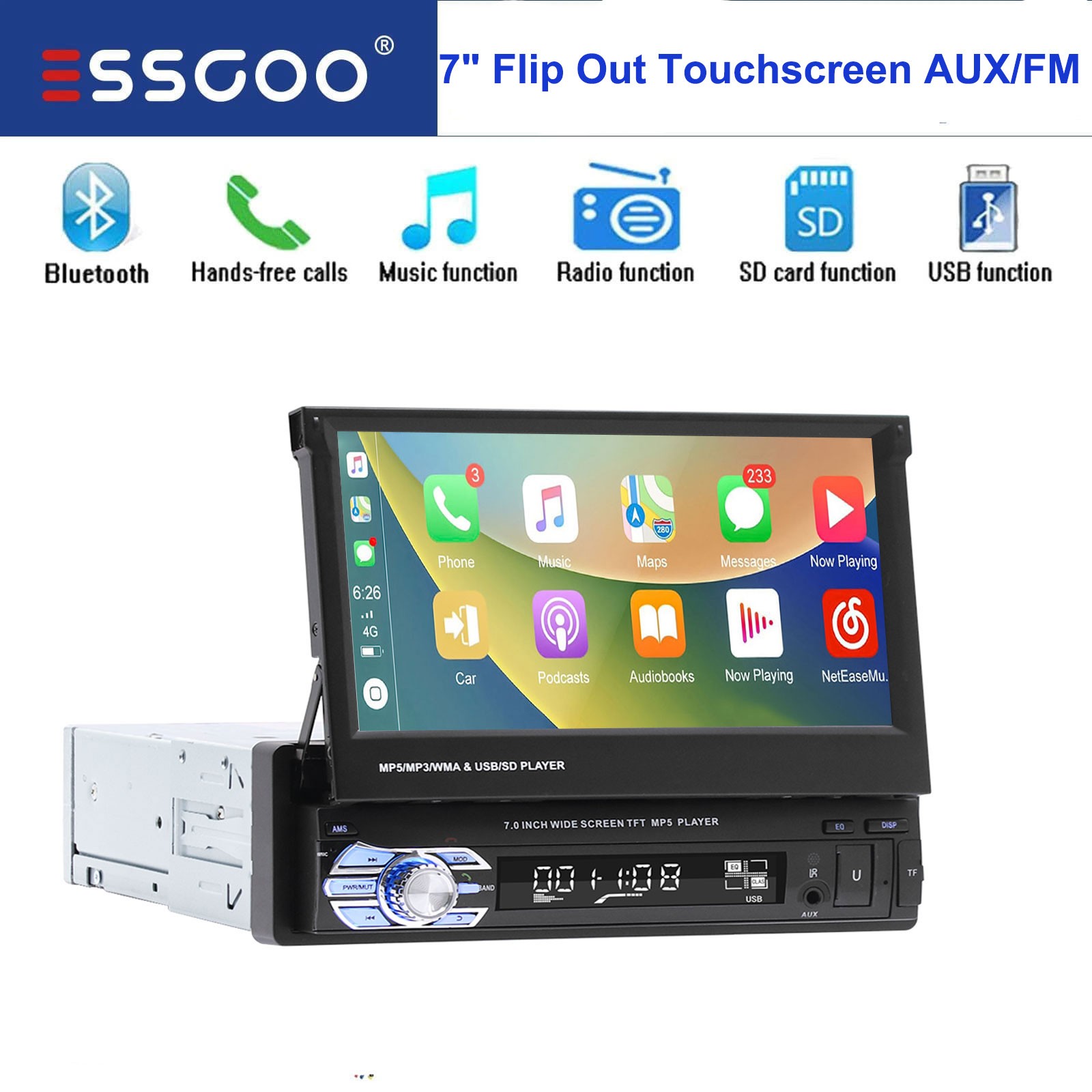 7″ Single 1DIN Car Stereo Radio Flip Out Touch Screen Bluetooth MP5 Player USB
