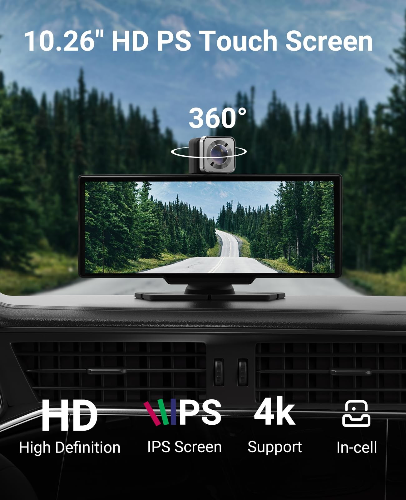 Promoterk Wireless CarPlay and Android Auto 10.26-inch Touchscreen, 4K Dash C…
