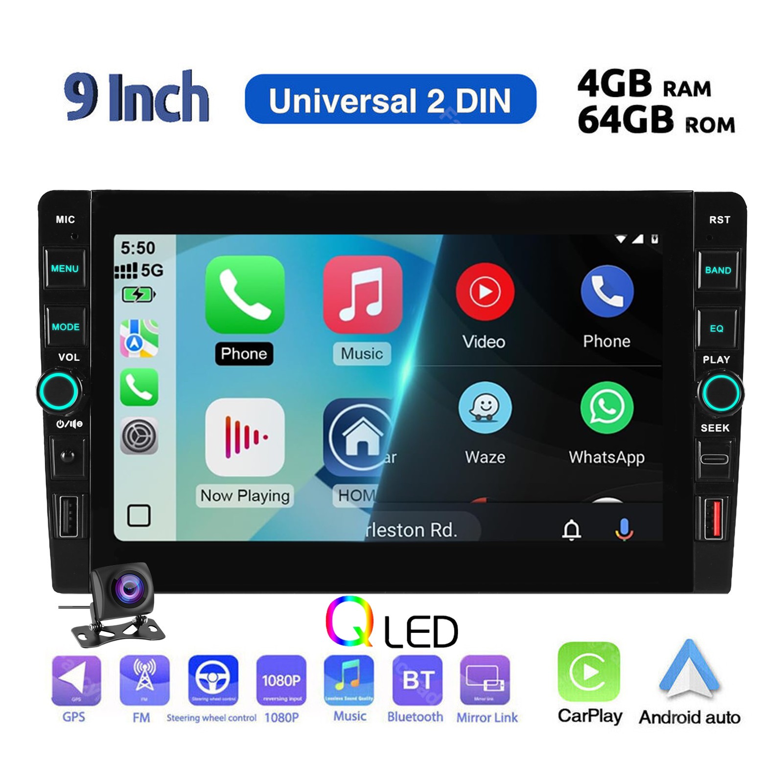 9 inch Android 15 4+64GB Car Stereo Radio GPS Apple Carplay Double 2 Din +Camera