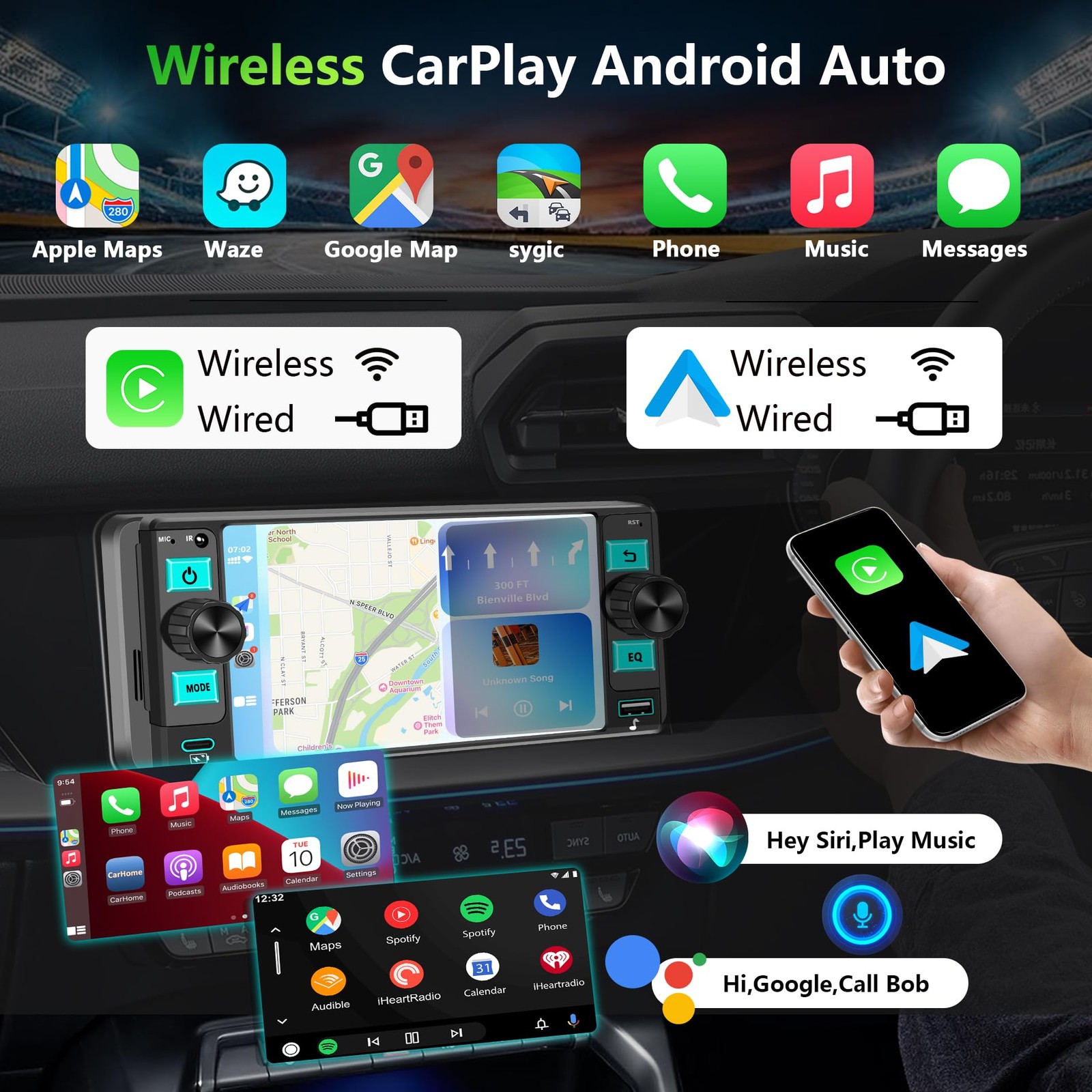 Single Din Car Stereo – Dual Knob Touchscreen Radio with Wireless Apple CarPl…