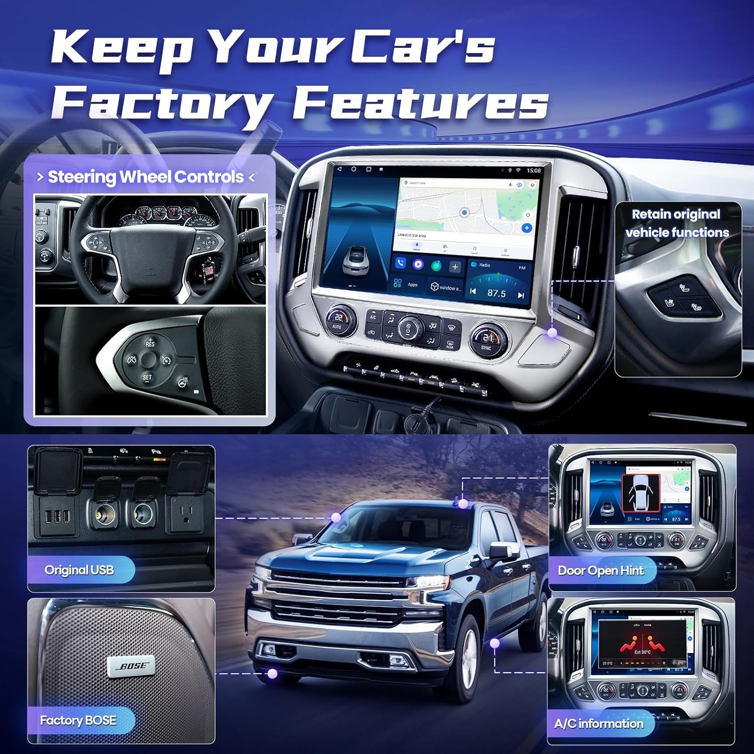 13.1″ 8G+128G Car Radio Stereo CarPlay For Chevy Silverado GMC Sierra 2014-2018