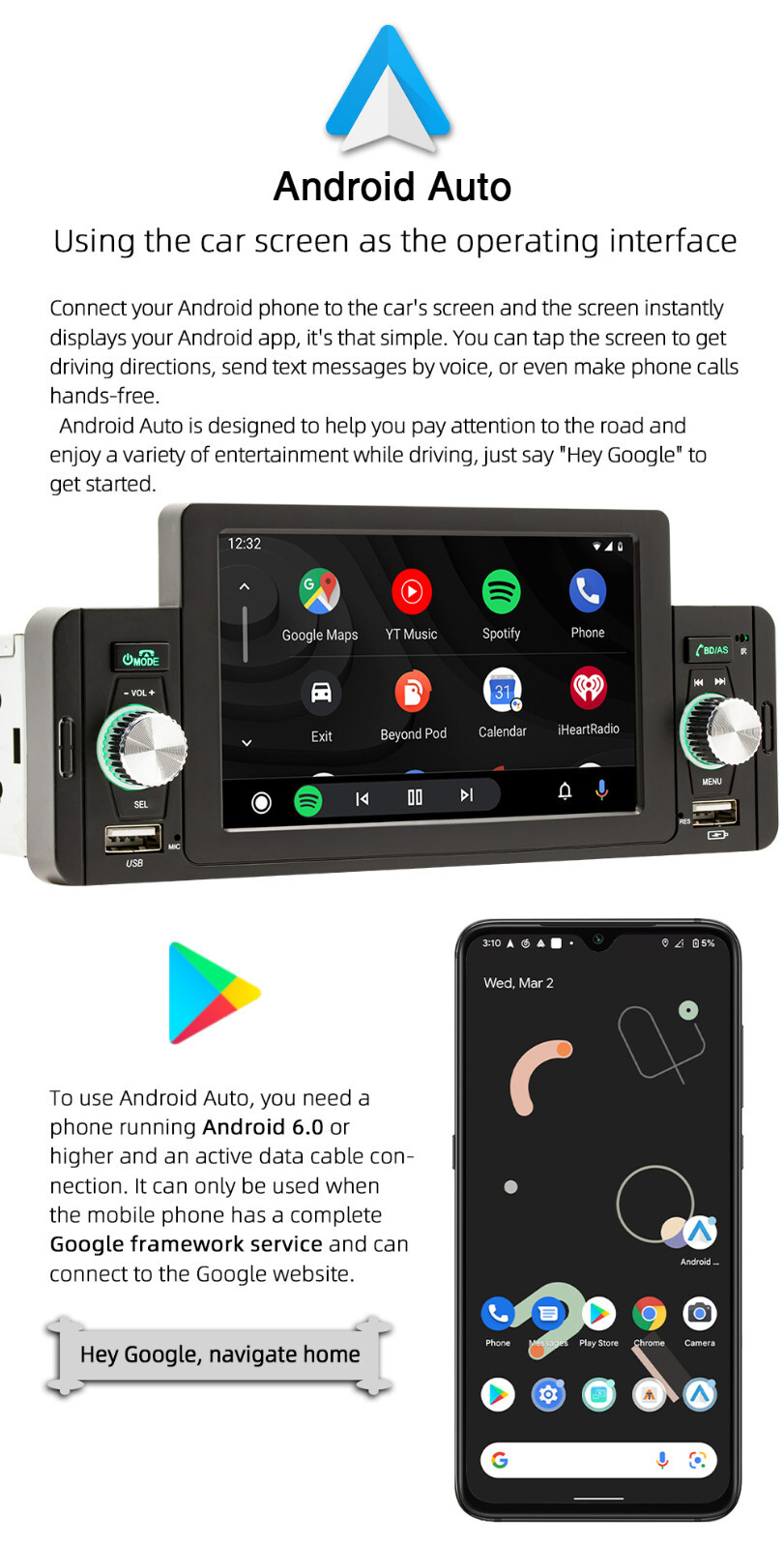 Bluetooth 1DIN Stereo Car Radio MP5 Player USB For Apple Carplay Android Auto