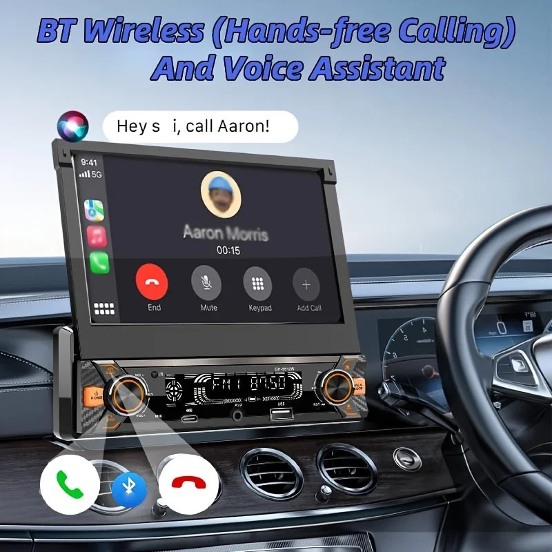 1 Din Car Stereo 7in Touchscreen MP5 Player Wired Carplayer Android Auto, BT
