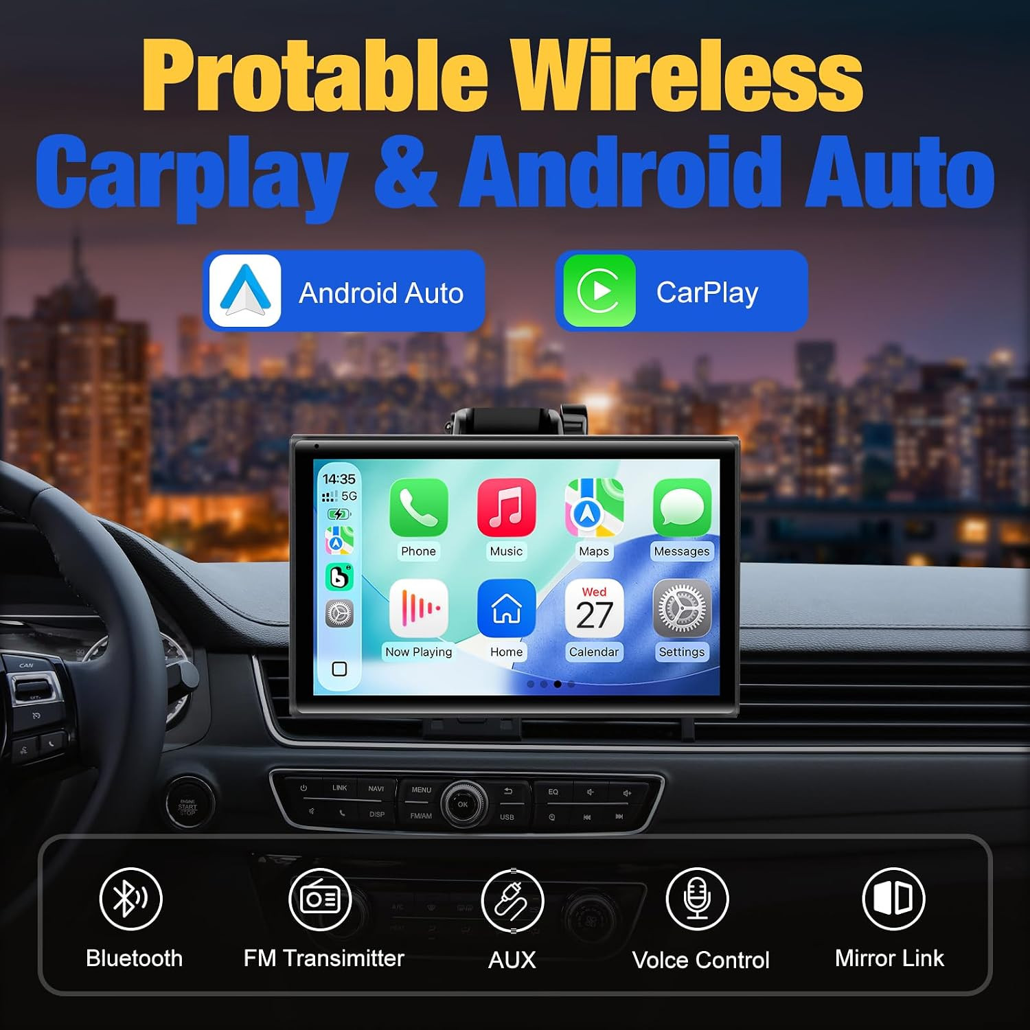 Carplay Screen for Car, 7 Inch Wireless Carplay & Android Auto（Black） | Portable