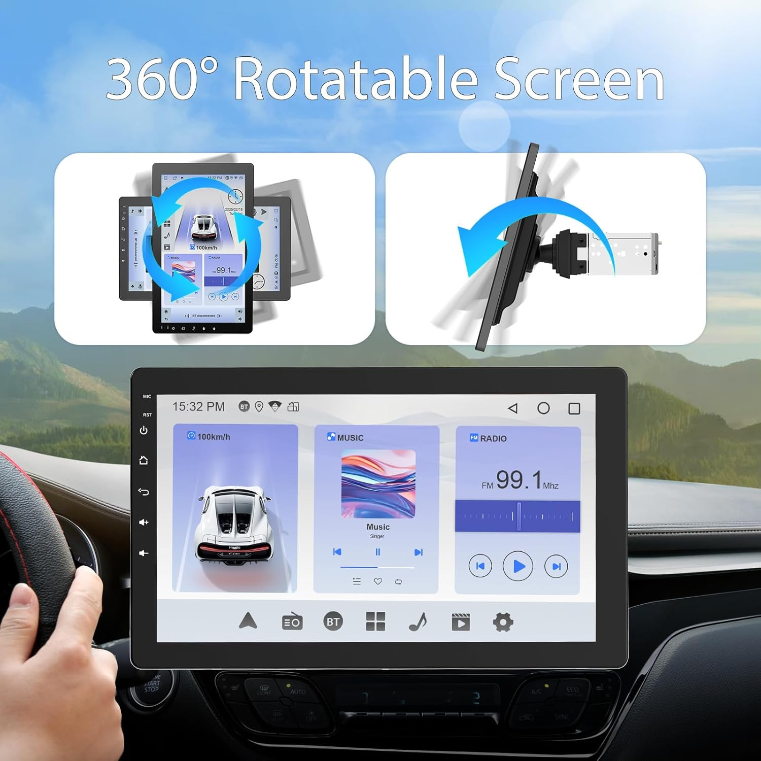 10.1 Inch Single Din Car Stereo, Rotatable Touch Screen Radio with Wireless Appl
