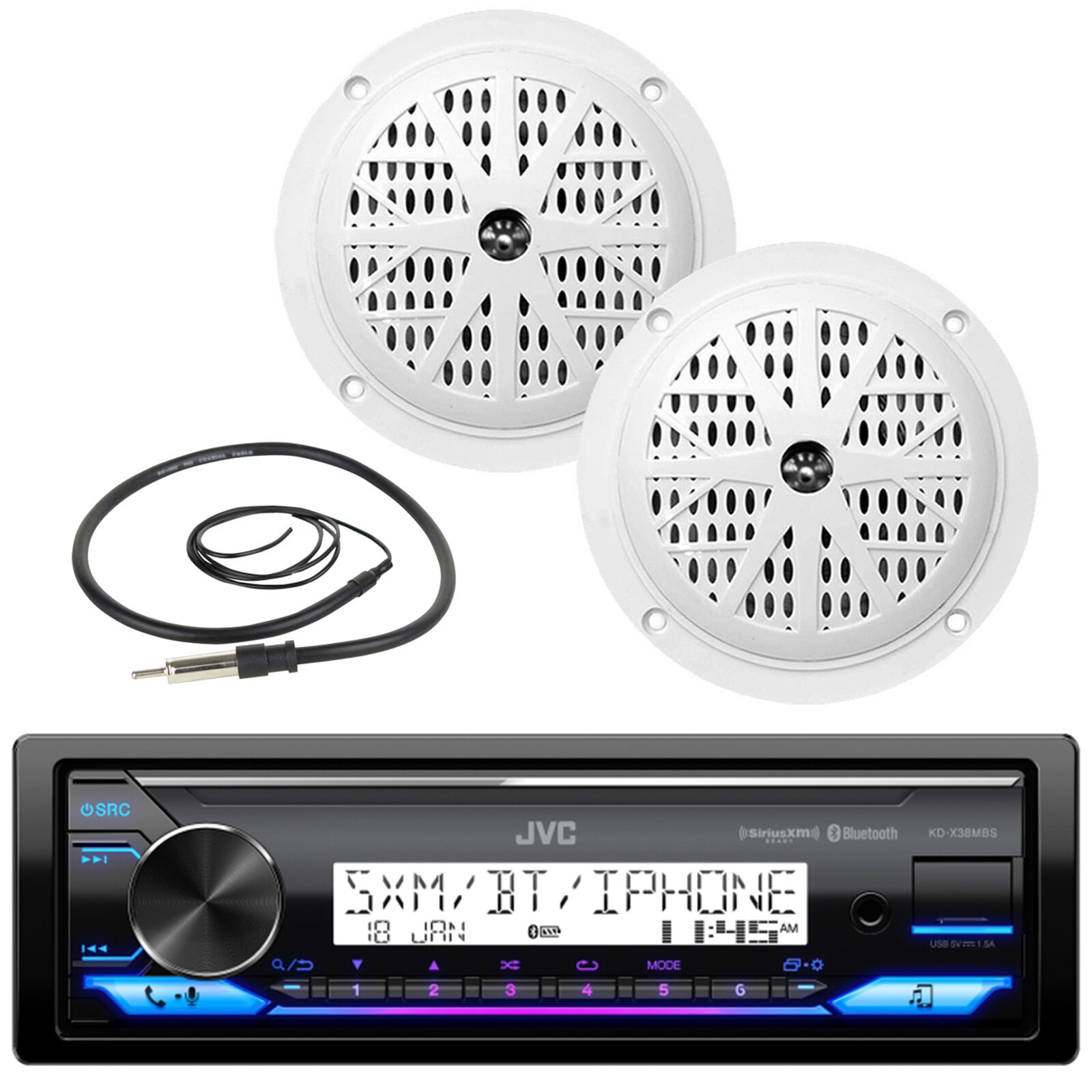 JVC KD-X38MBS Marine AM/FM Radio Stereo Bluetooth Receiver, 2x 5.25″ Speakers