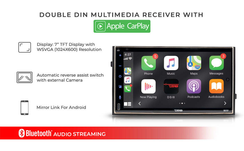 DS18 7″ Touchscreen Double 2-Din Receiver Stereo Bluetooth Apple CarPlay DDX7CP