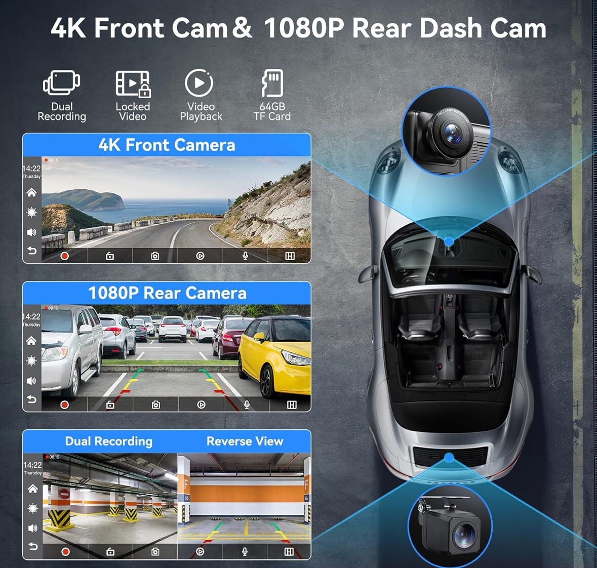 Wireless Carplay Screen, 10.26 inch IPS FHD Touchscreen, Back Up Cam Dash Cam