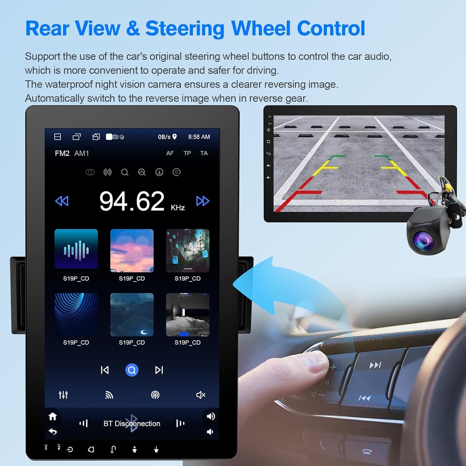 10.1″ Rotatable Touch Screen Car Stereo Single Din – Android 13, Wireless…