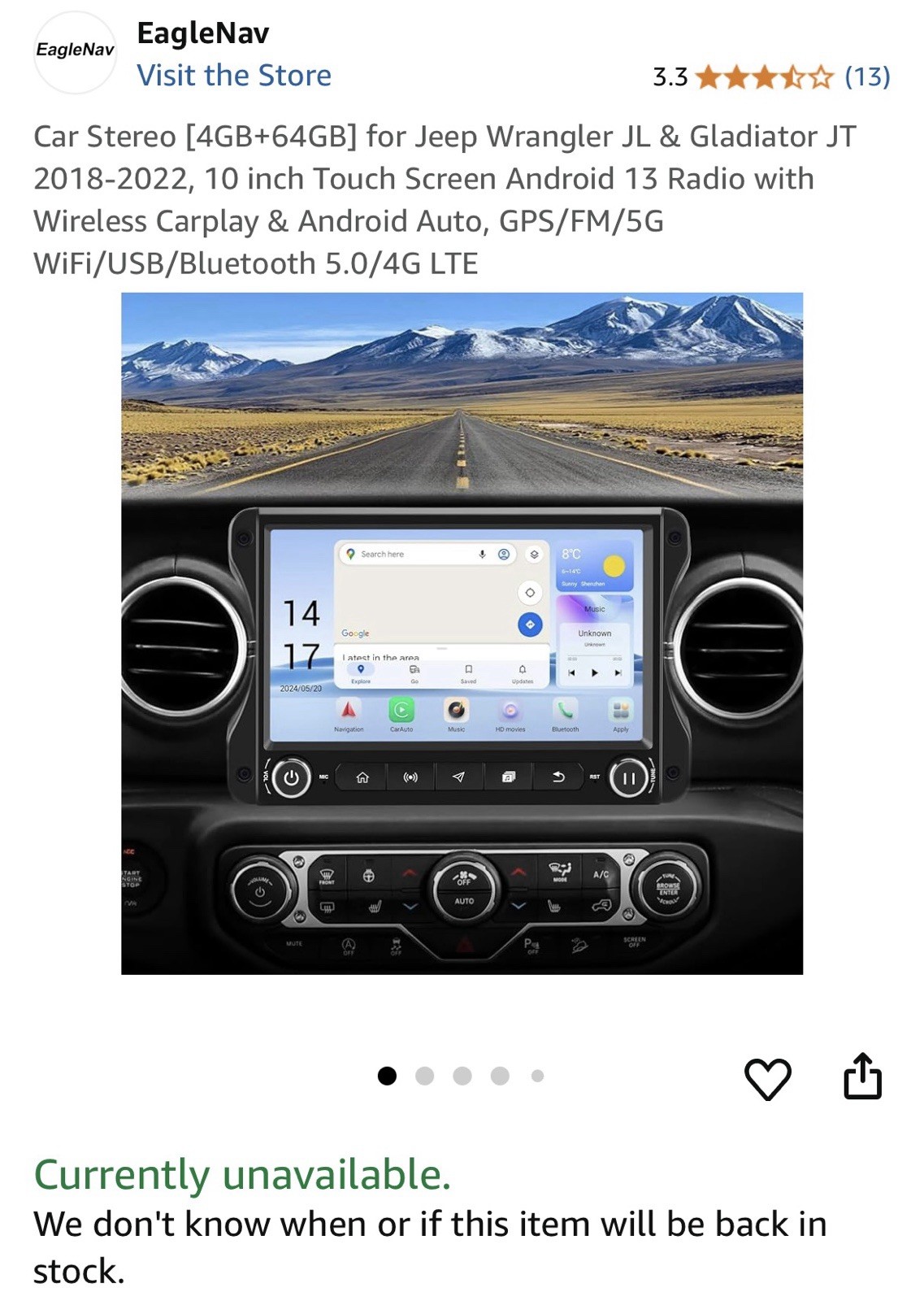 10.2″ Car Radio for Jeep Wrangler JL/Gladiator JT 2018-2022 WiFi CarPlay Stereo