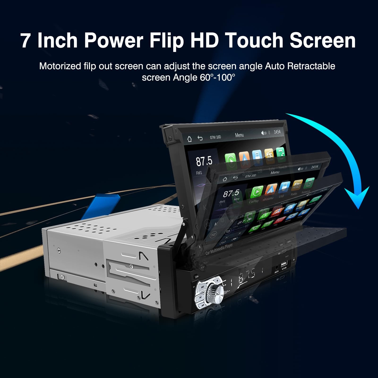 Type-C&USB Single-Din-Carplay& Android-Auto-Car-Radio 7-inch Flip Out Touchsc…