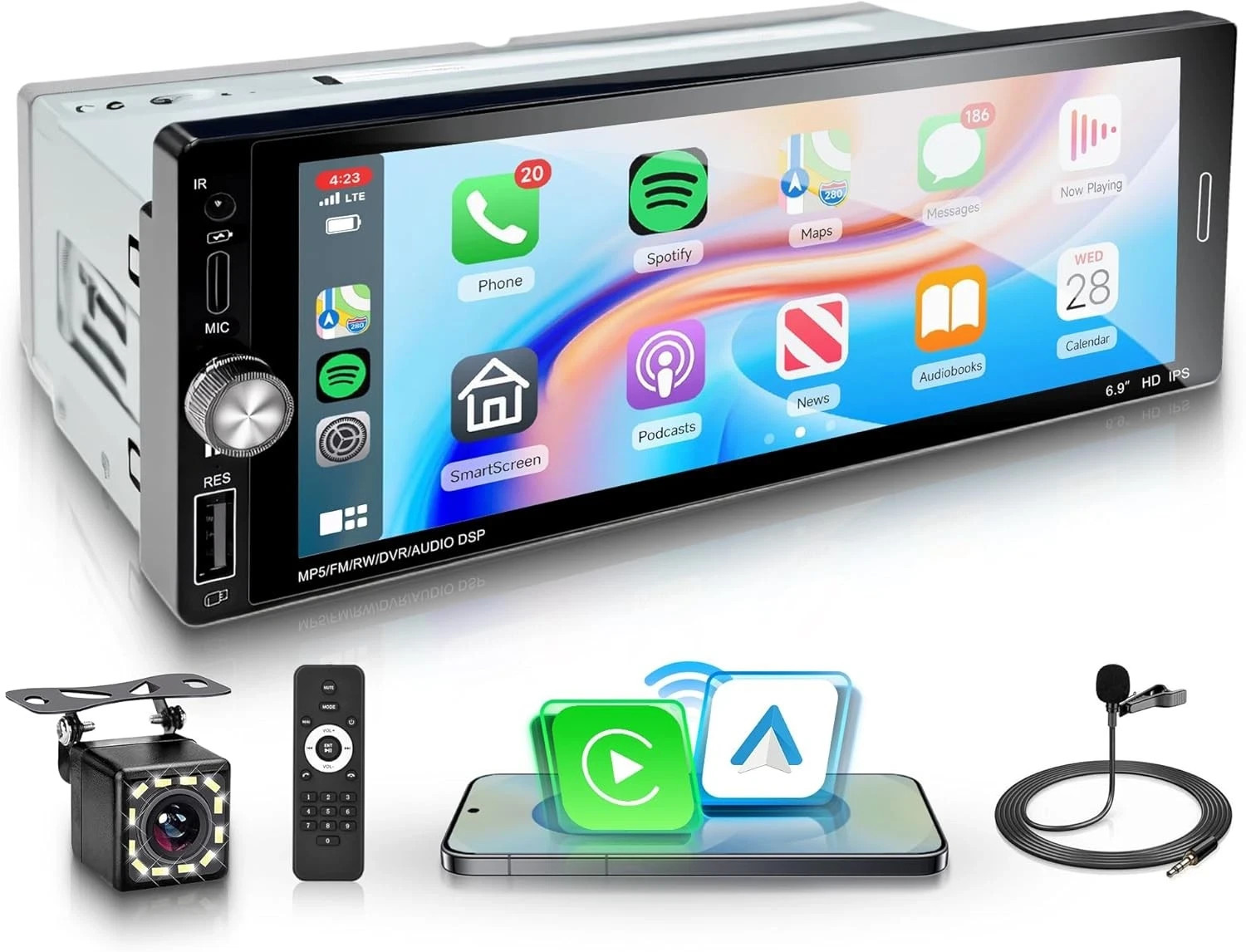 Car Stereo Single Din Wireless Carplay 6.9 inch Touch Screen Android Auto, Rimoo