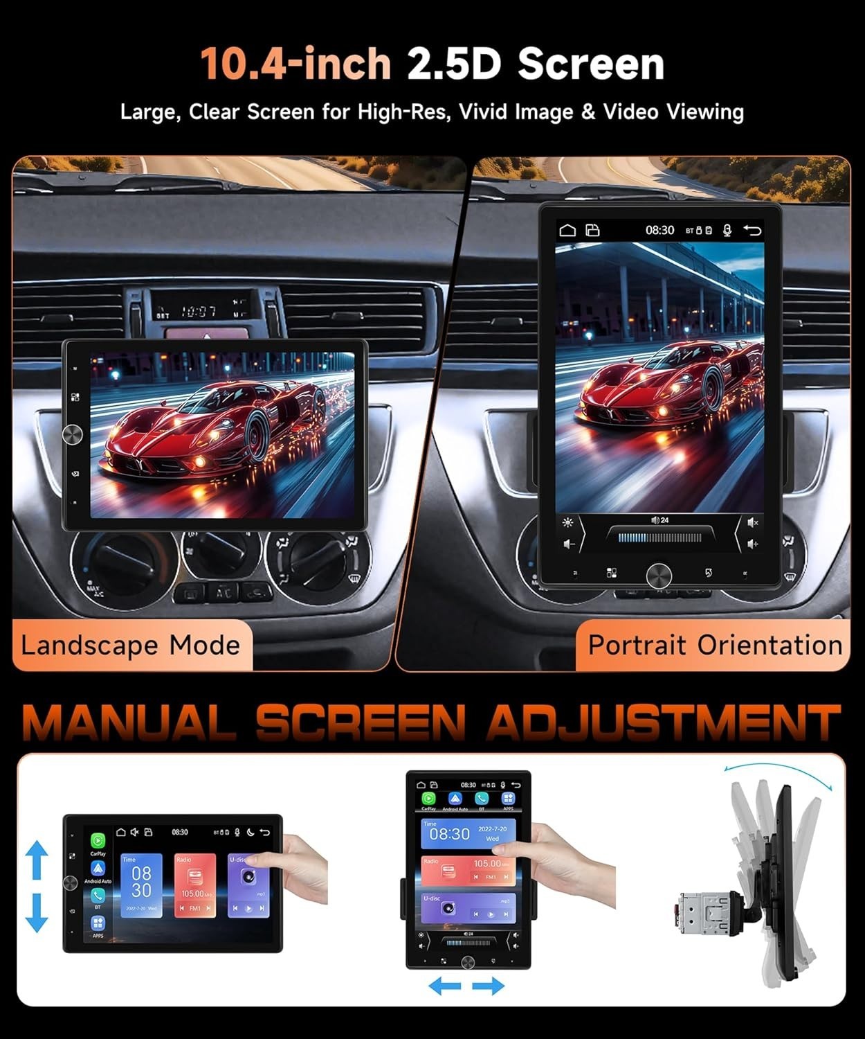 10.4” Single Din Car Stereo with Wireless CarPlay Android Auto, HD Rotation …