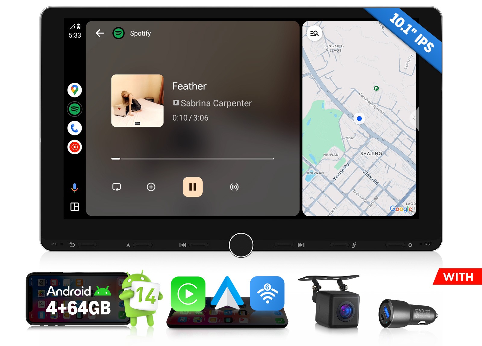 Eonon UX7A Plus Double DIN Car Stereo 10.1″ Wireless CarPlay GPS Touch Screen BT