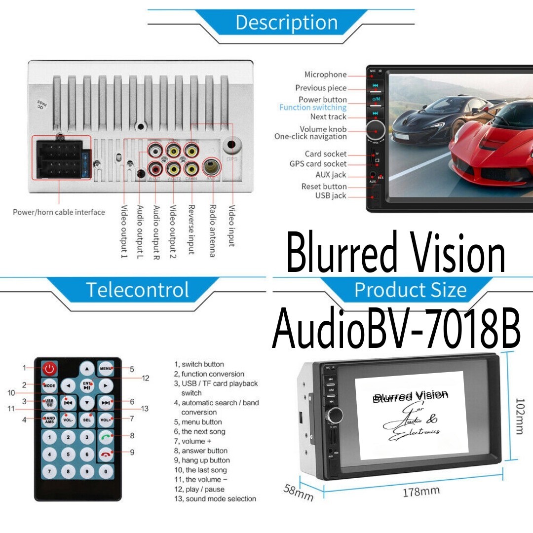 Blurred Vision BV-7018B Double Din in-Dash Head Unit Bluetooth Mirrorlink New