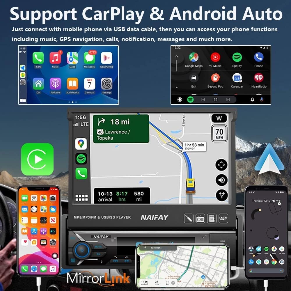 Naifay Single Din Touchscreen Car Stereo with Carplay & Android Auto, 7inch Flip