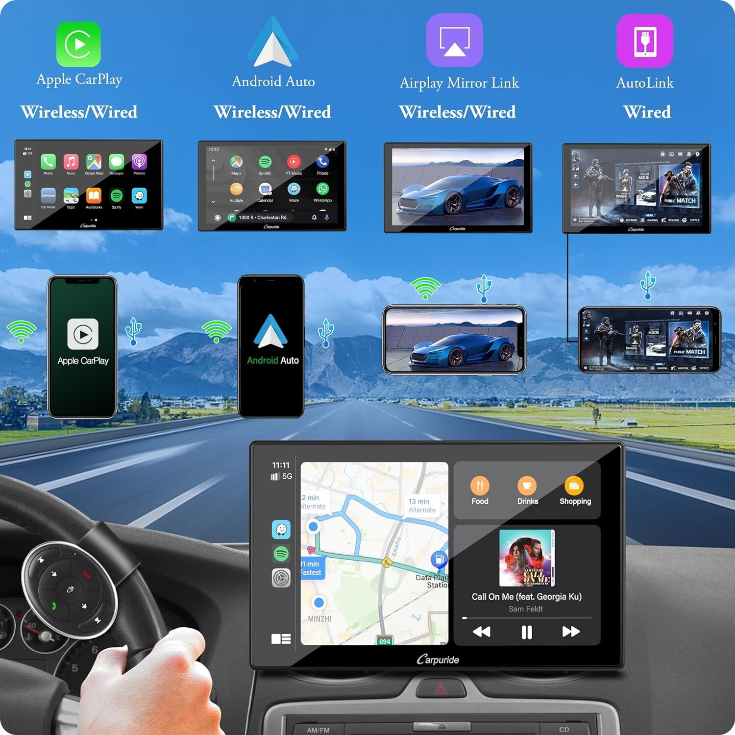 2023 Newest Portable Carplay BT Stereo Wireless Apple Android Auto Backu
