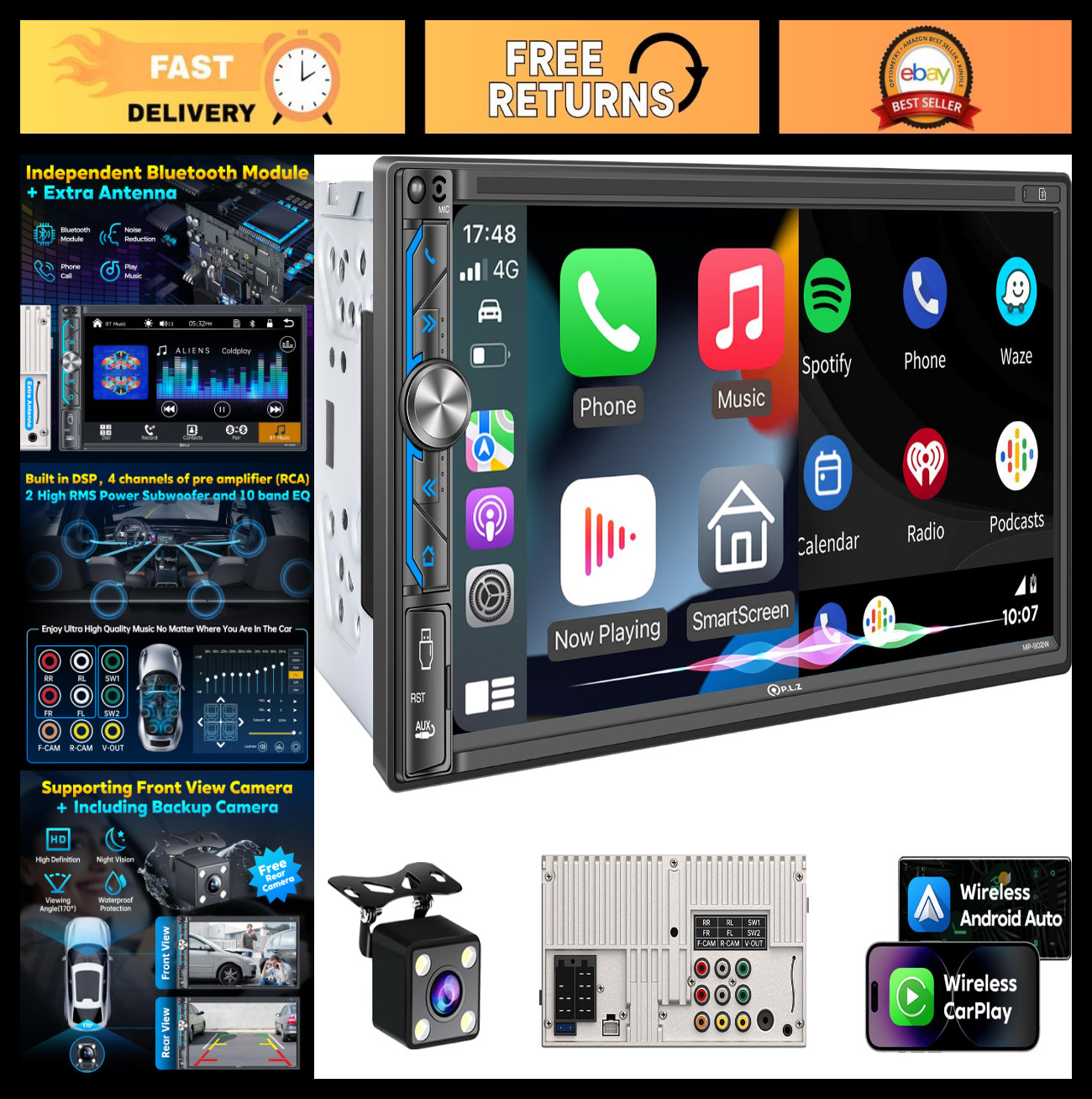 7″ Wireless Double Din Car Stereo – Apple CarPlay, Bluetooth 5.3, Touchscreen, B