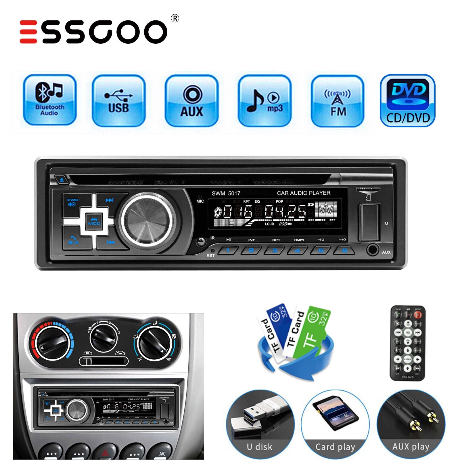 ESSGOO Single 1DIN DVD CD Car Radio Stereo Player In-Dash FM USB AUX Bluetooth