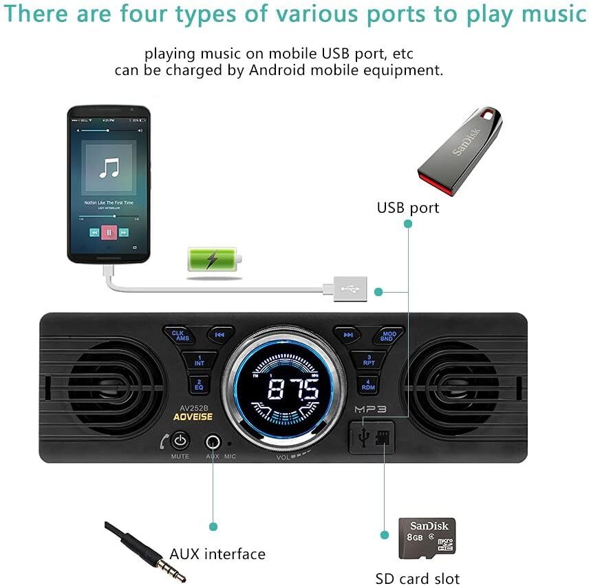 1 Din 12V Car Stereo Radio Built-in Bluetooth Speakers MP3 Player USB AUX SD FM