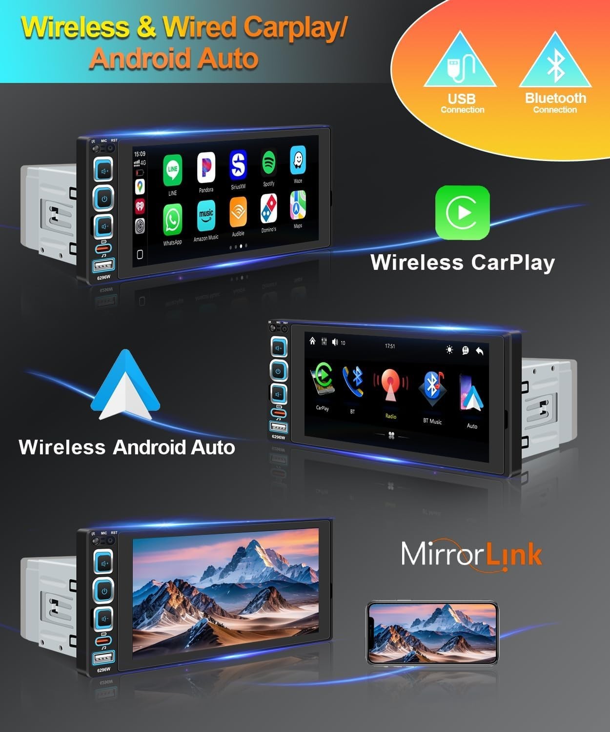 Power Acoustic Single DIN 6.5″ Touchscreen Car Stereo Apple Carplay