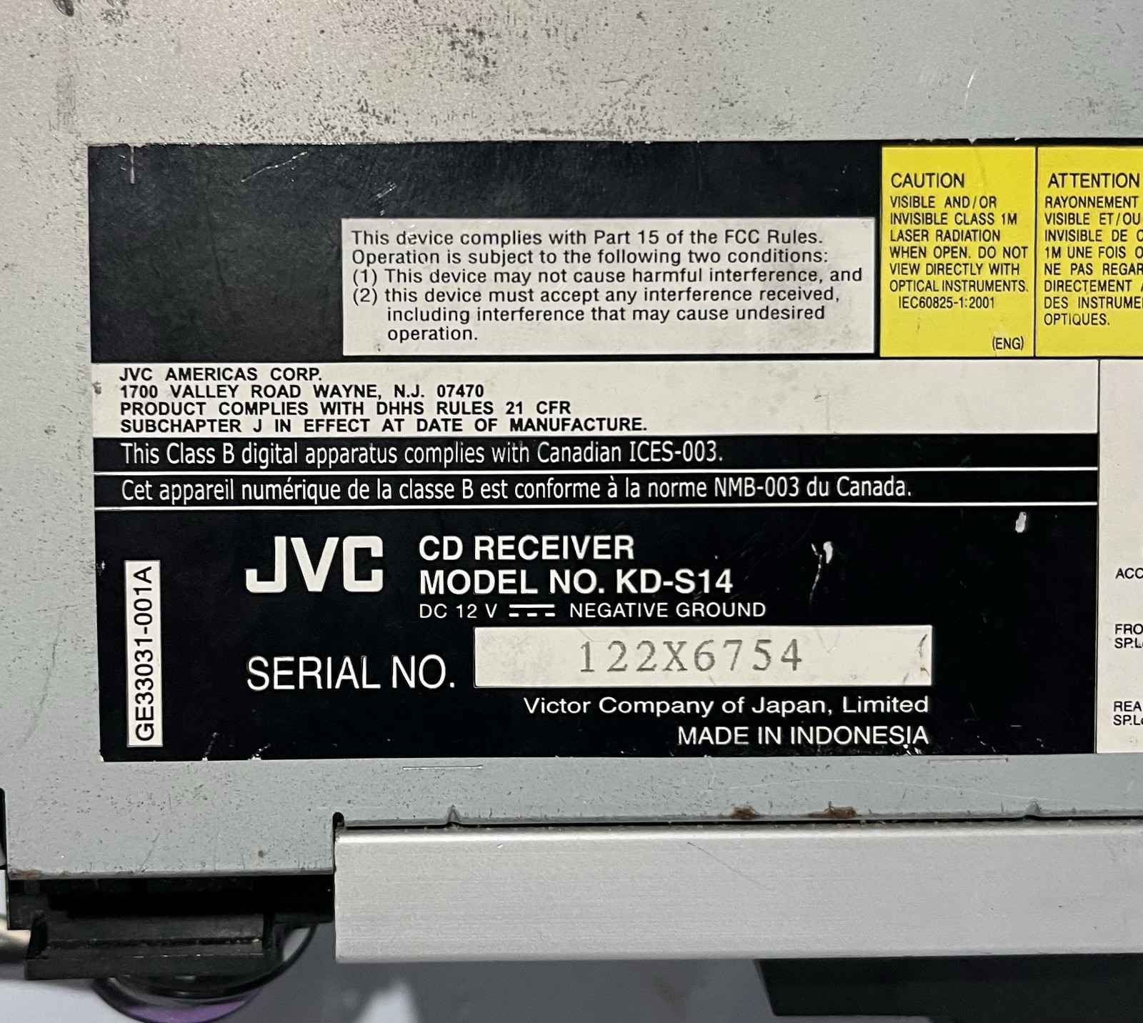 JVC CD Receiver KD-S14 Untested