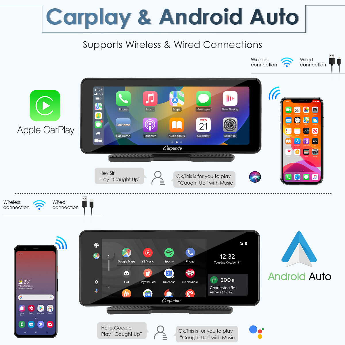 Carpuride W609 Portable Carplay Android Auto Multimedia Dashboard Console AUX FM