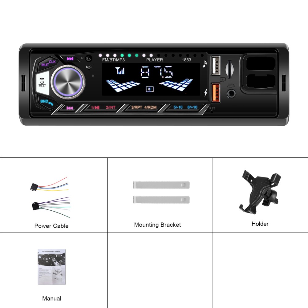 Car Radio Single 1DIN Stereo In-dash FM USB AUX-IN Bluetooth Audio +Phone Holder